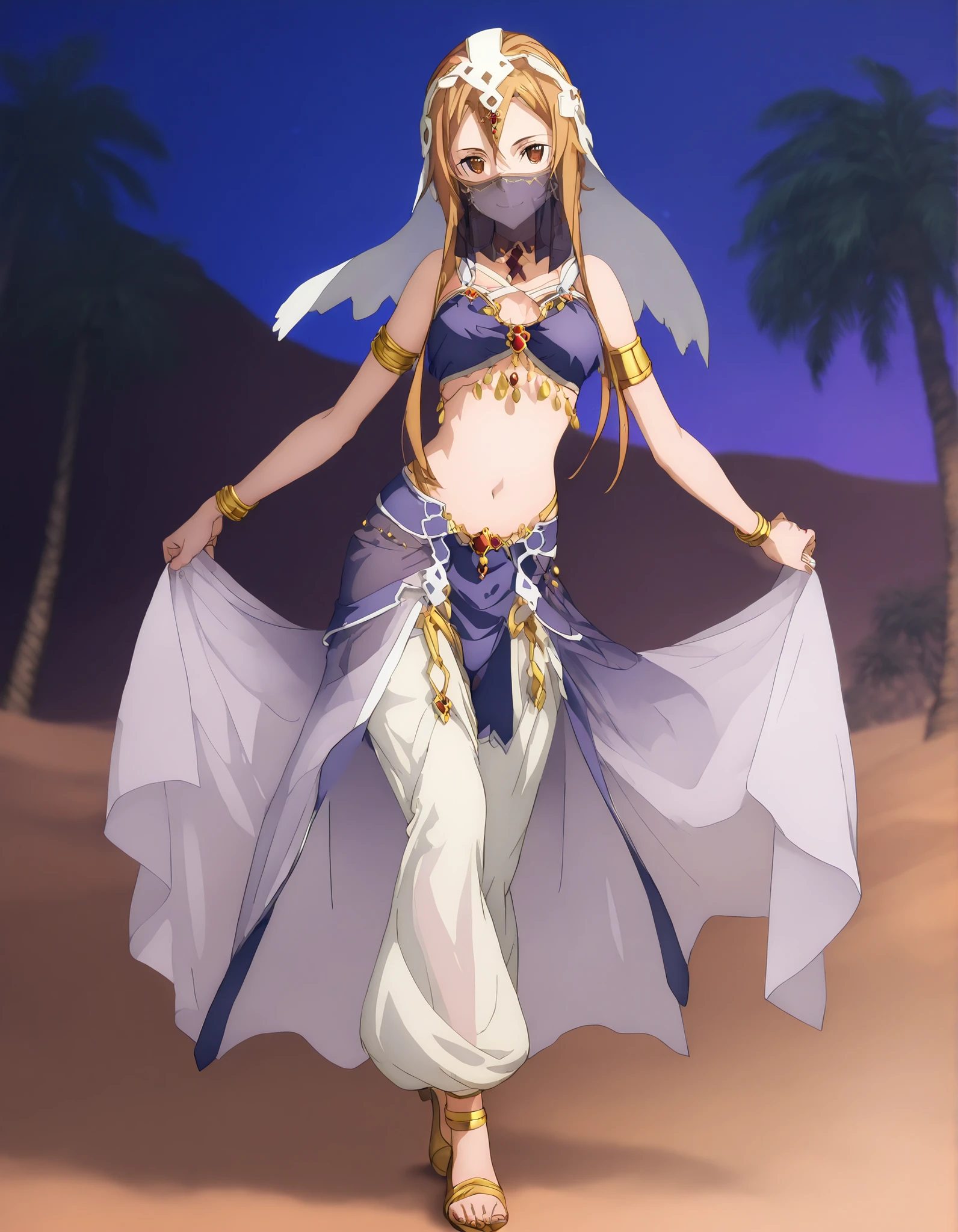 (1girl:1 . 5) , (Seul:1 . 5) , score_9 , score_8_haut , score_7_haut , source_anime , Official work , ultra-detailed , masterpiece , better quality , high resolution , beaux yeux , detailed eyes , Detailed face , beautiful detailed eyes ,Sword Art Online,Sortiliena Serlut,Arabian Clothes , Arabian Dancer ,belly dancer costume,belly dancer outfit ,full body,golden jewelery,mouth veil,armlet, belly dancing,night,desert lands,palm tree,seductive smile, dancing with veil, dynamic movement,dance posture, seductive pose