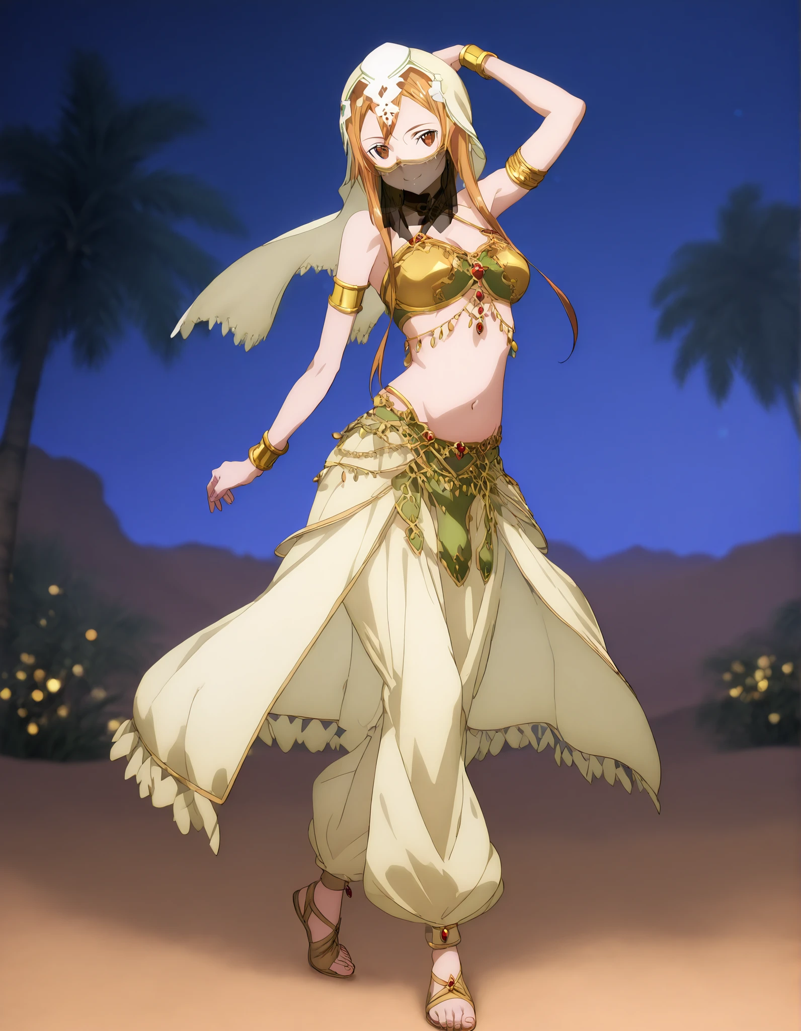(1girl:1 . 5) , (Seul:1 . 5) , score_9 , score_8_haut , score_7_haut , source_anime , Official work , ultra-detailed , masterpiece , better quality , high resolution , beaux yeux , detailed eyes , Detailed face , beautiful detailed eyes ,Sword Art Online,Sortiliena Serlut,Arabian Clothes , Arabian Dancer ,belly dancer costume,belly dancer outfit ,full body,golden jewelery,mouth veil,armlet, belly dancing,night,desert lands,palm tree,seductive smile, dancing with veil, dynamic movement,dance posture, pose