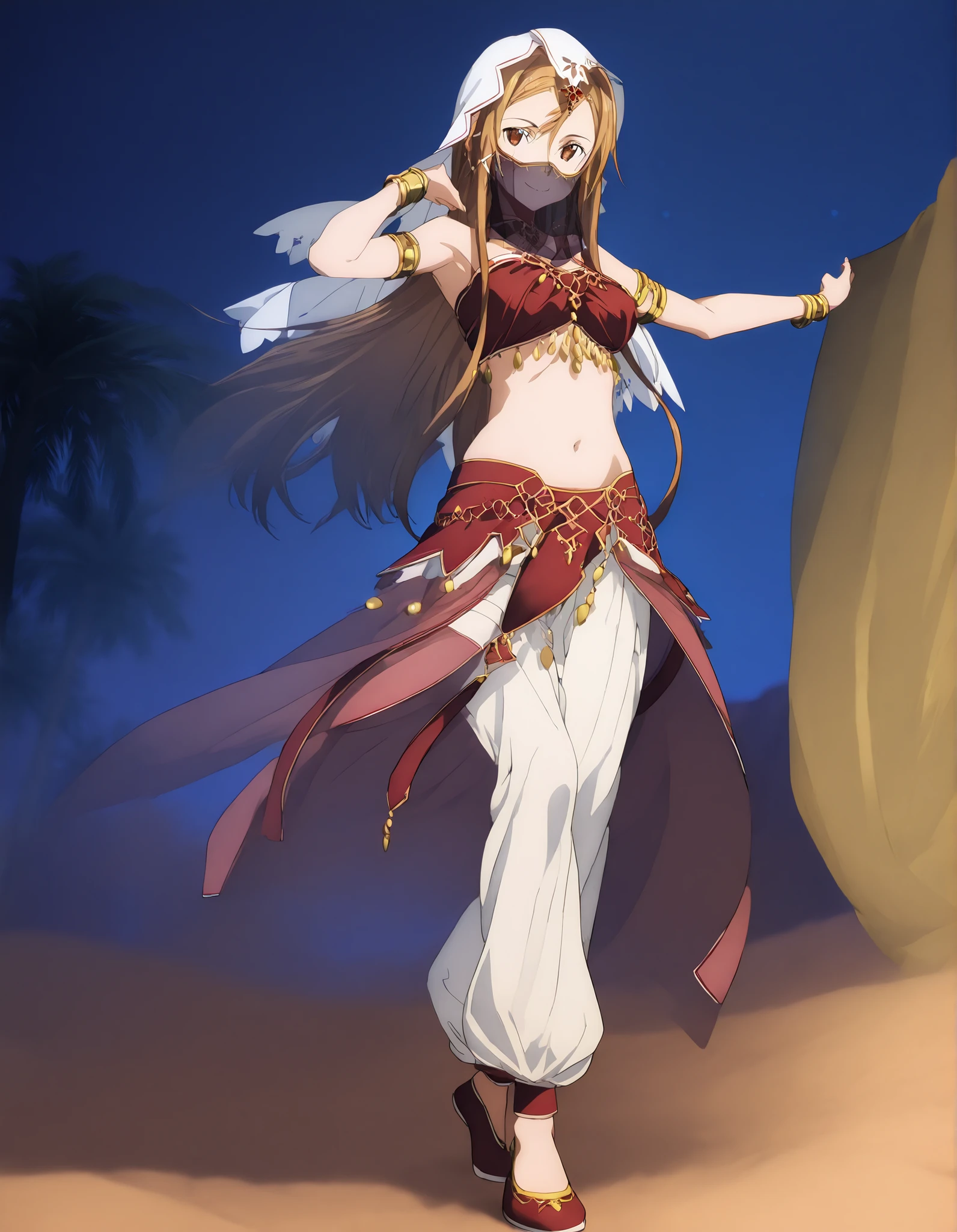 (1girl:1 . 5) , (Seul:1 . 5) , score_9 , score_8_haut , score_7_haut , source_anime , Official work  , ultra-detailed , masterpiece , better quality , high resolution , beaux yeux , detailed eyes , Detailed face , beautiful detailed eyes ,Sword Art Online,Sortiliena Serlut,Arabian Clothes , Arabian Dancer ,belly dancer costume,belly dancer outfit ,full body,golden jewelery,mouth veil,armlet, belly dancing,night,desert lands,palm tree,seductive smile, dancing with veil, dynamic movement,dance posture, seductive pose