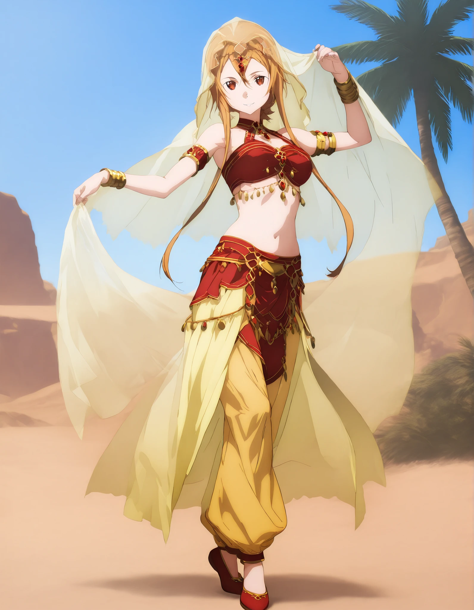 (1girl:1 . 5) , (Seul:1 . 5) , score_9 , score_8_haut , score_7_haut , source_anime , Official work , ultra-detailed , masterpiece , better quality , high resolution , beaux yeux , detailed eyes , Detailed face , beautiful detailed eyes ,Sword Art Online,Sortiliena Serlut,Arabian Clothes , Arabian Dancer ,belly dancer costume,belly dancer outfit ,full body,golden jewelery,armlet, belly dancing,desert lands,palm tree,seductive smile, dancing with veil, dynamic movement,dance posture, seductive pose