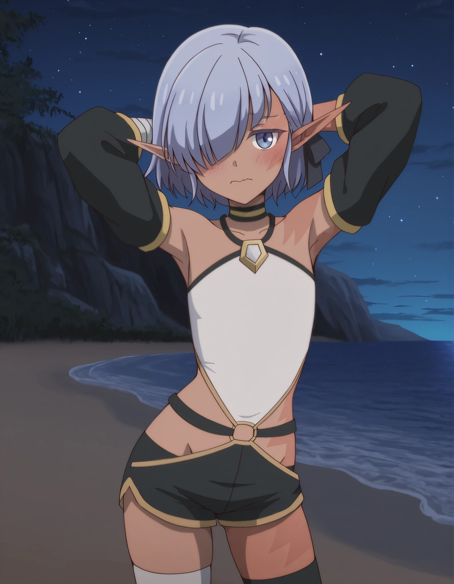 cariaerful, dark elf, dark-skinned female, short hair,  blue hair, hair over one eye, blue eyes, pointy ears, bandaged arm, black choker, burn on face, burn on side, burnt arm, flat chest,,white top,  halterneck, bare shoulders,  detached sleeves, black shorts, short shorts, single thighhigh, anime screencap, high quality, solo, cowboy shot, (contrapposto), (hands behind head), closed mouth, night sky, beach, looking at viewer, wavy mouth, blush, best quality,