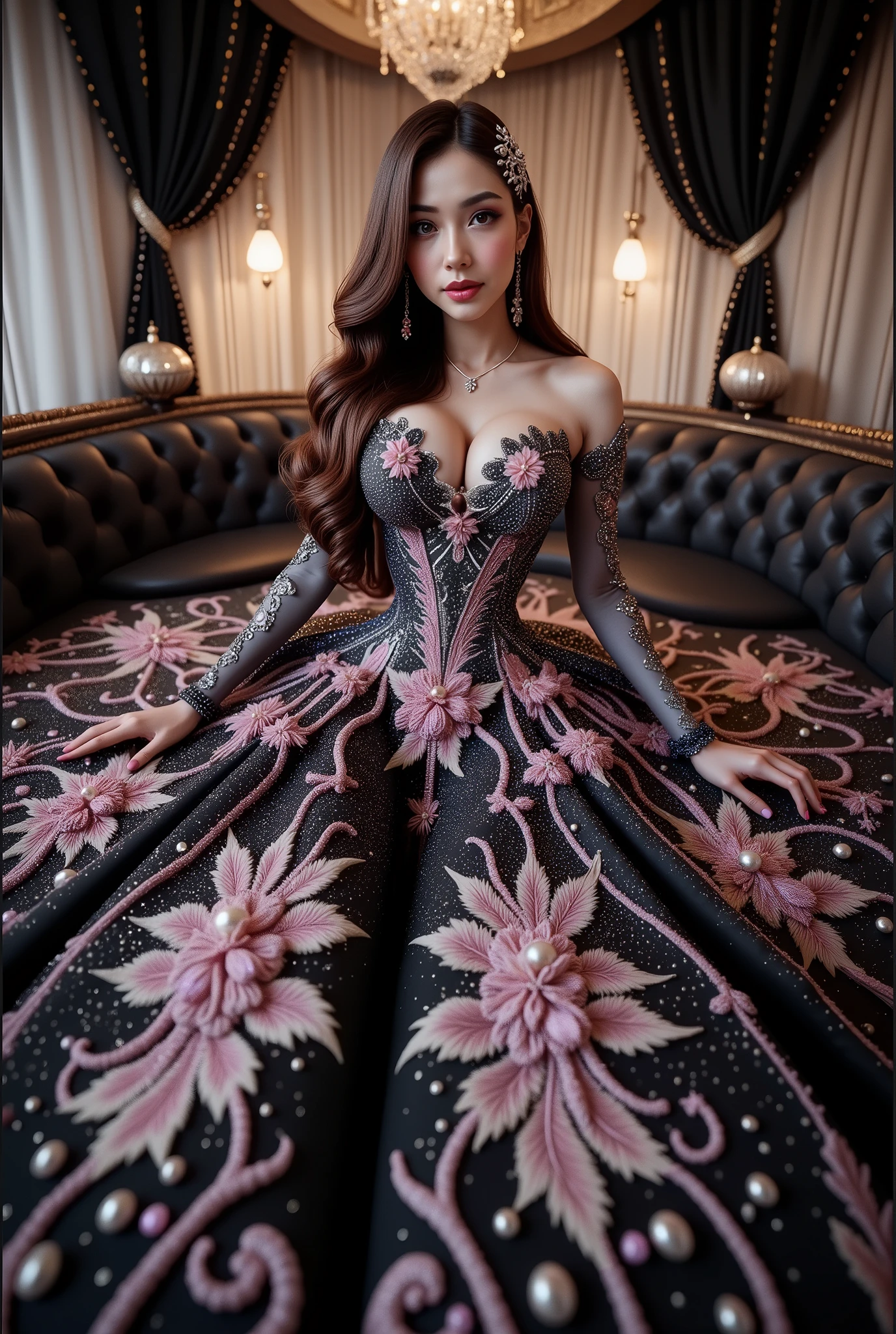A high-resolution, detailed 3D rendering style. A young woman with big bobs, douyin-style makeup, adorned in a lavish gown, strapless dress, is seated against the backdrop of an elegant, tufted sofa. Her gown is striking, with a shimmering bodice adorned with silver trim leading to a voluminous skirt. The skirt features a stunning celestial design, reminiscent of the night sky, peppered with luminous stars and swirling patterns of light—a palette dominated by deep blue hues and warm golden yellow accents. Her hair is elegantly styled and she wears a shimmering tiara, completing her regal look. The atmosphere is one of fantasy and enchantment, enhanced by the ornate decorations surrounding her and the light silhouette of the cosmic sky overhead. Rich in texture and vibrant color, the scene presents a blend of fashion ingenuity and artistic flair, enveloping the viewer in a dreamlike atmosphere. masterpiece,high r,8k,ultra-detailed,photorealistic