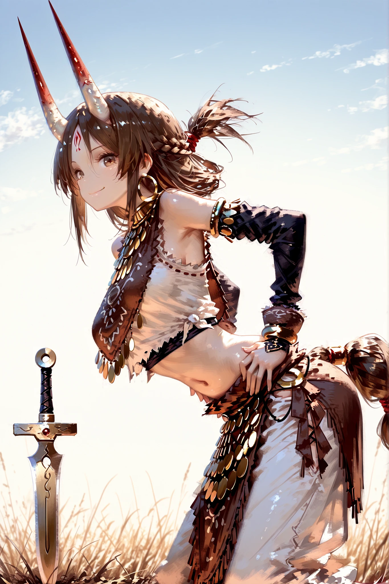 perfect face, focus girl, ((focus face)), parfect eyes, solo, (masterpiece, detailed:1.2), highest quality, Ultra High Quality, k, Beautiful and delicate anthropomorphic girl, Incredibly detailed and intricate, Braidded side bangs, mid-parted bangs, Braided long messy pony tail hair,  cute brown eyes, smile, cute face,  eye lasher, thin, 20 yo, medium breast, Long sideburns, white mono horn, tribe costume, barbarian outfit ((barbarian skirt)), white outfit with gold detail, ((hands on own hips)), Navel exposed,  ((leaning forward)), wariza, tilt side head, holding dagger both hands,
BREAK,
cowboy shot, sharp focus, beautiful background, depth of field, fine atmosphere, beautiful natural lighting, perspective, (detailed lighting), rim lighting, ((sharp focus)), solo, residential , looking viewer, steppe back ground, mongolia, yurt back ground, panorama, beautiful sky, 15:00, day time, (side view),
