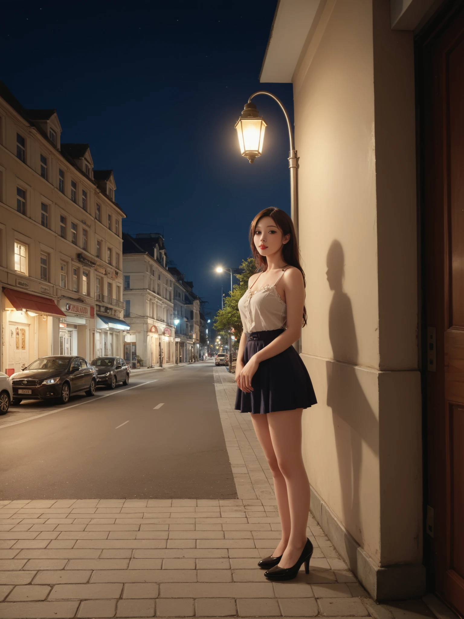 Highest Quality,masterpiece,Street lampの下のshadow,Street lamp,shadow,dim,shadowが長く,Draw a picture of,Lonely,pondering figure,night,soft touch,Delicate Body Curves,Realistic Human Body