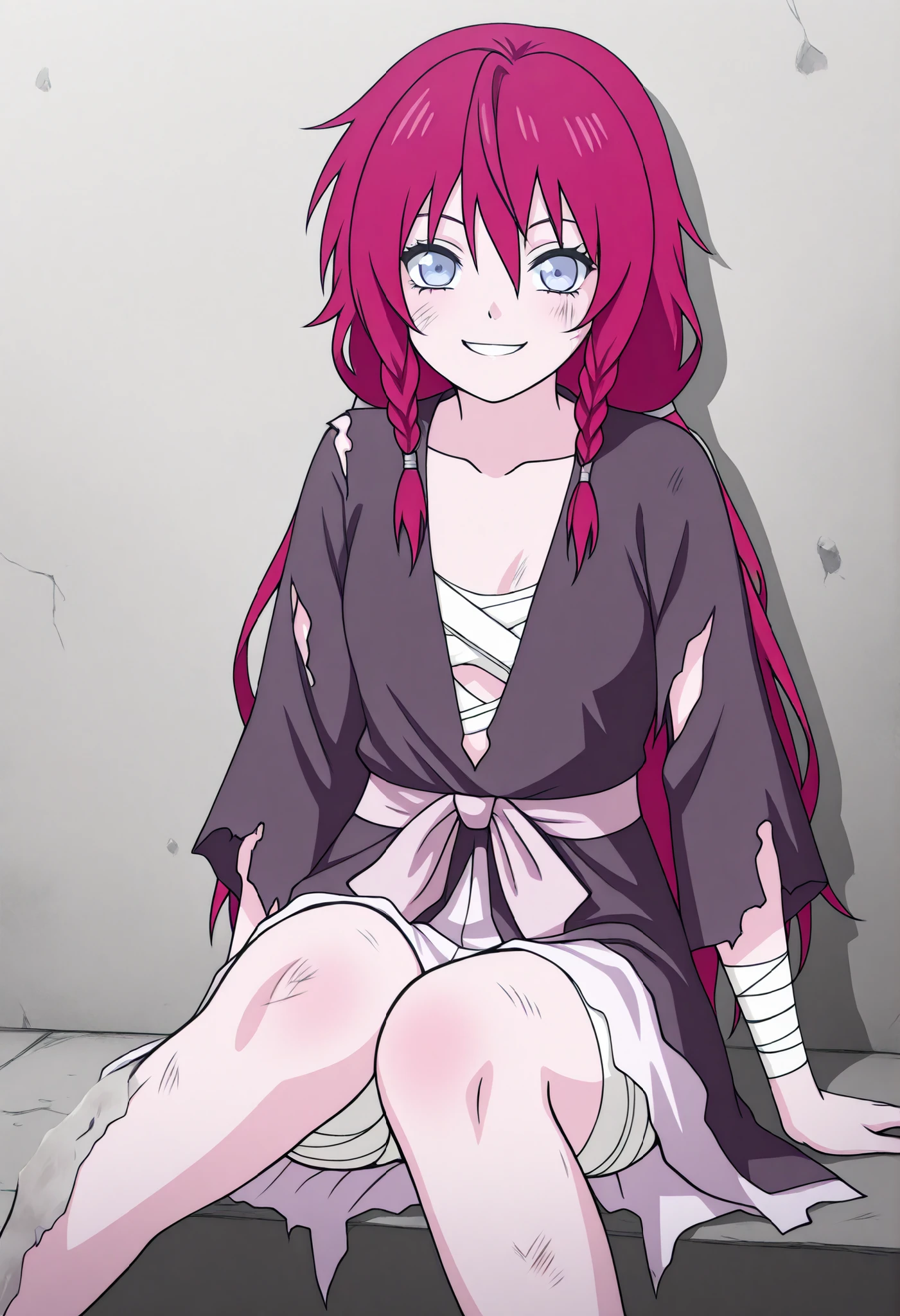 masterpiece, best quality, amazing quality, very aesthetically pleasing, absurd, novelty, 1 girl, long red hair, very  braid, solo, blue eyes, fair skin, bandage on the left eye, looking at the viewer, smiling sadly, standing, on the street, in front of a prison, wearing a white torn shirt, upper body covered in wounds, loose hair, sitting position add the wounds. and Naruto's style Very deep wounds