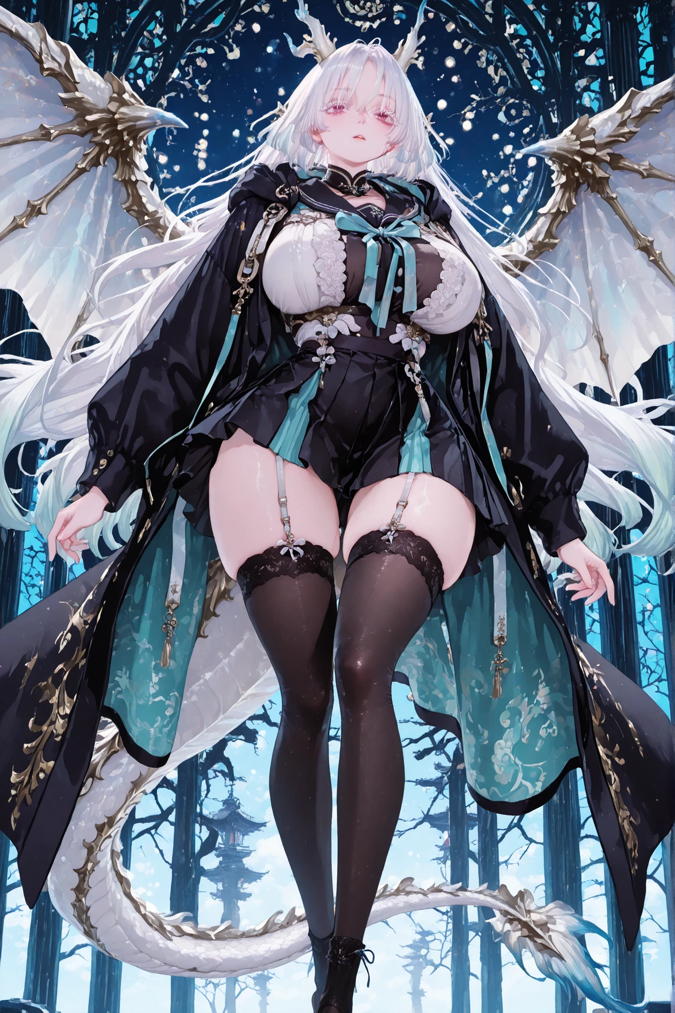8k wallpaper, top quality, masterpiece, (Solo), (portrait), (Pastel colours), (Vivid colours), heavenly dragon goddess girl, very big breast, white big chinese dragon horns with white-gold patters, big dragon wings with white-gold patters, big dragon tail with white-gold patters, white hair, very long thick hair, green-blue gradient gilded dragon eyes, white albino eyelashes, ribbon, black skirt, Black winter coat, pantyhose, black sailor cropped, black knee socks, strap, Thailand, cute skirt, pantyhose, white hair, white albino eyelashes, long hair, Underbob, pink eyes, black sailor shirt, Pretty mint green Eyes, wide hips, Protruding thighs, very big breasts, white beautiful lace stockings, fulbody, mage robe, standing up, head to toe, bare feet, detailed eyes, fullbody, walking straight, front pose