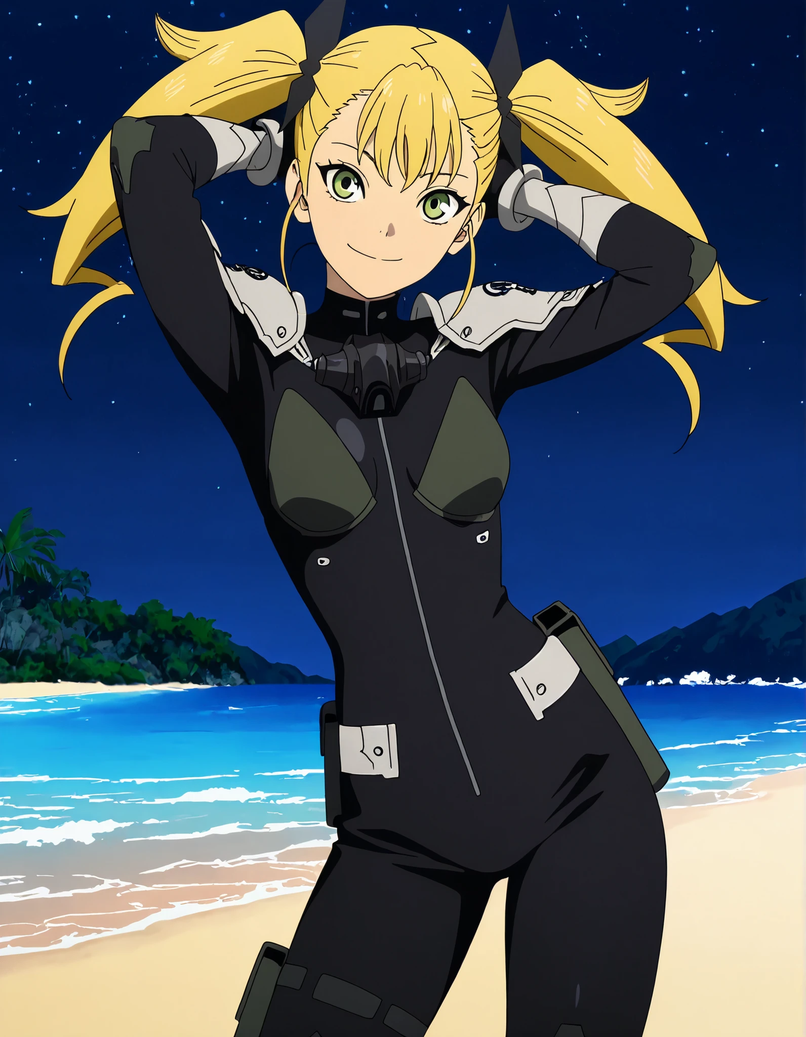 KikoruShinomiya, blonde hair, twintails, green eyes, black bodysuit, shoulder armor, gauntlets, anime screencap, high quality, solo, cowboy shot, (contrapposto), (hands behind head), closed mouth, night sky, beach, looking at viewer, smile, best quality,