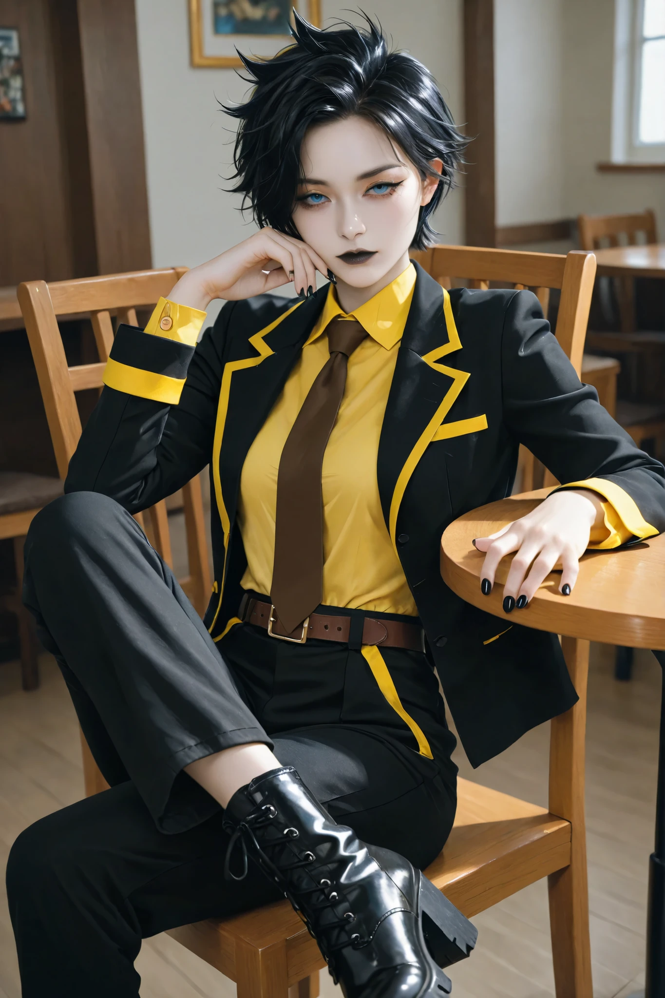 1girl, spiky hair, black hair, short hair, looking at viewer, blue eyes, half closed eyes, black lips, black jacket, yellow trim, yellow shirt, brown tie, black pants, black boots, brown belt, sitting, sitting in chair, table, legs on table, indoors, looking at viewer, black nails, mascara