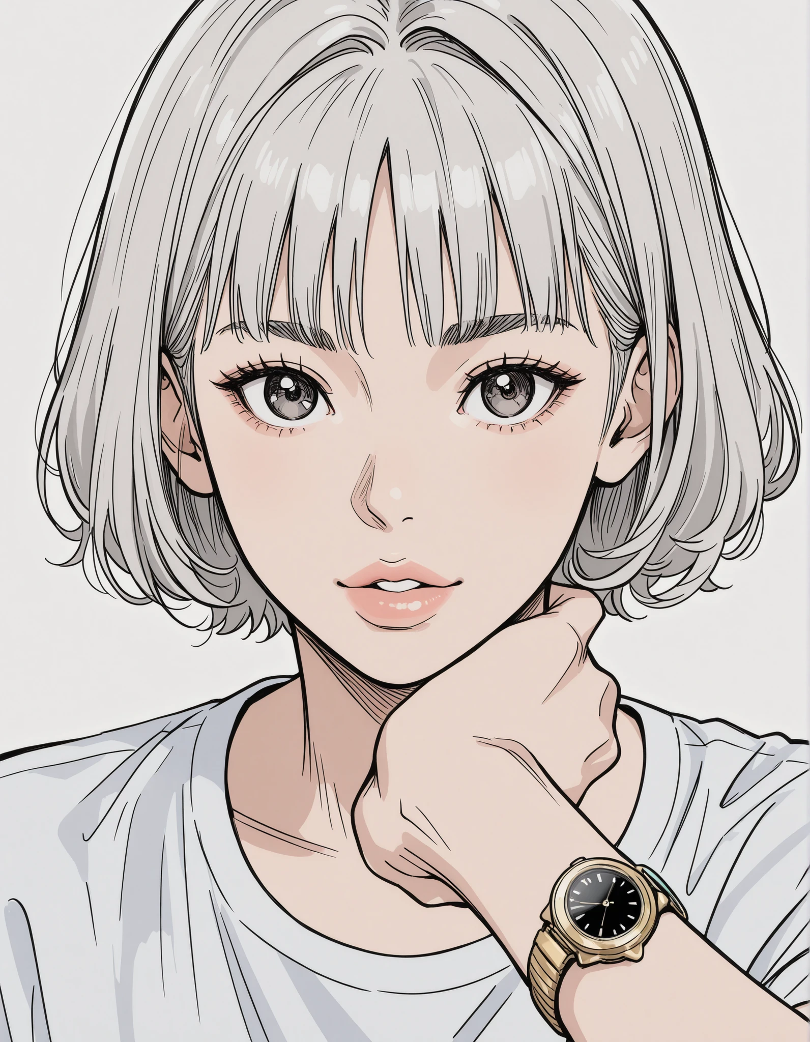 side views,solo,girls,White Frizzy  + Spiky+ wavy short hair,split bangs,white striped gray hair,Tees,Natural Cosmetics,adults with cute faces ,full lips,(Line art),sketch, slam dunk style ,mono ,(watch viewers:1.3),white background,Manga Style