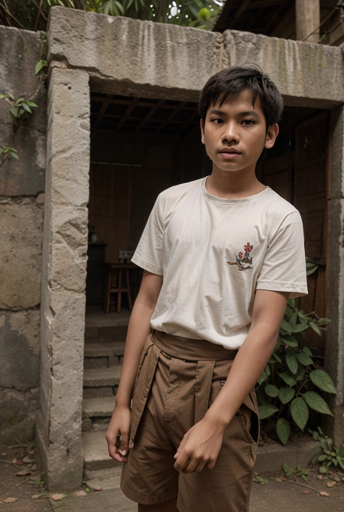 A Teenage Boy, 15 Years Old, Wearing a Red, Short-Sleeved Clothing, and in a Cambodian Town 