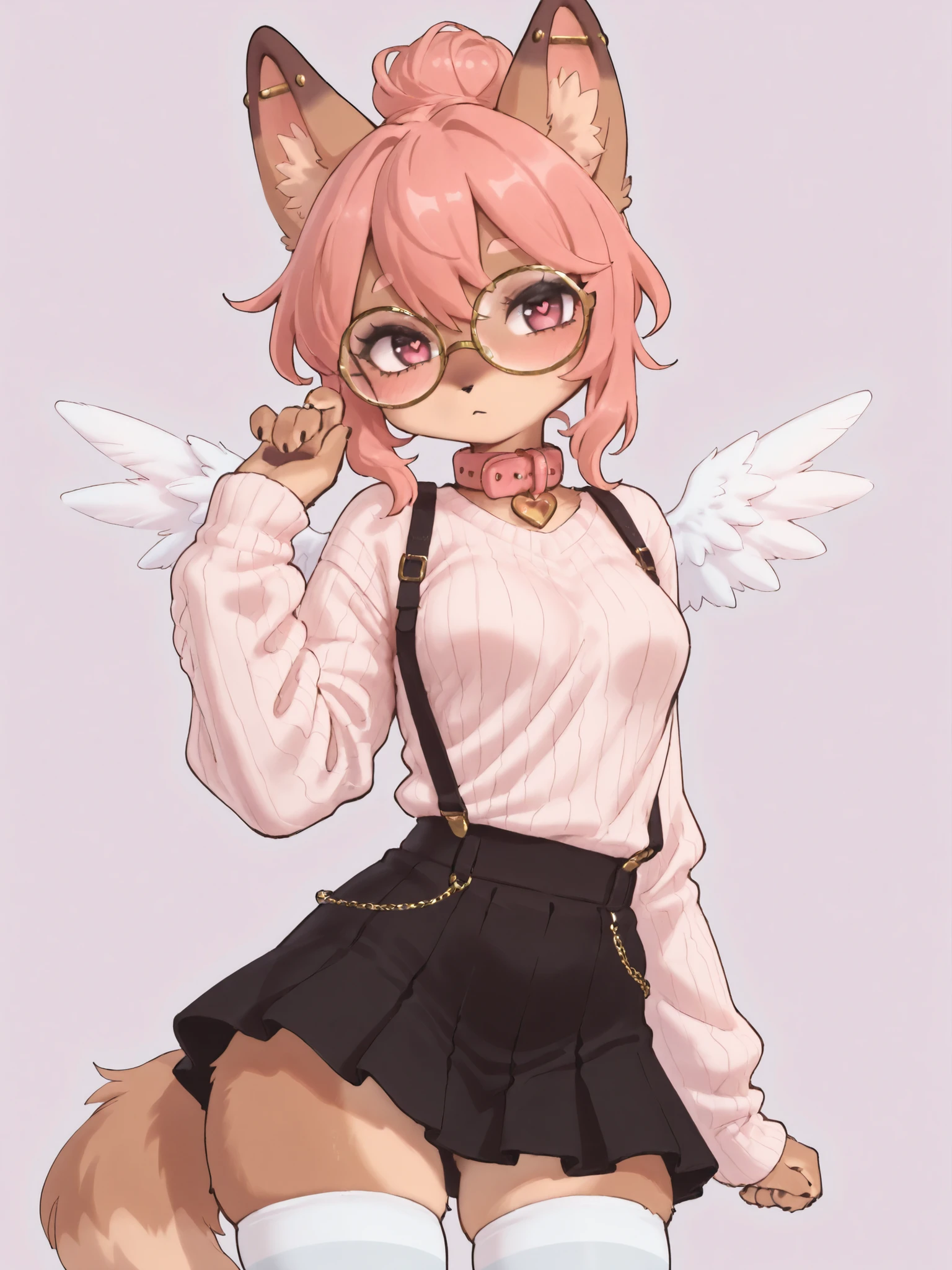 Hazel Typh, 1girl, best quality, furry, brown fur, pink hair, animal ears, gold piercing, heart-shaped pupils, animal nose, pink eyes, hair bun
white sweater, pink collar, black skirt, white thigh highs, stripped thigh highs, straps,
gold glasses, round glasses
tail, wings, seductive