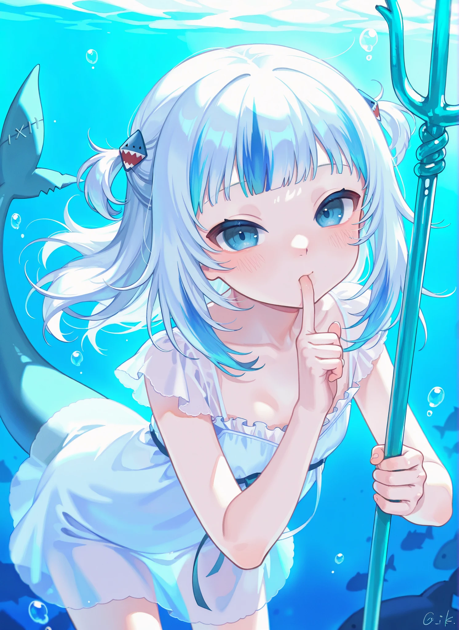 watercolor style, pastel colors, front viewer, close-up upper body, 16k resolution, (super detail), (best quality), solo, 1girls, Gawr Gura, detailed mouth, underwater, ((holding a trident:1.2)), ((sucking index finger)), 2 hand, Sheer nightgown, perfect small tail, blush, leaning forward,