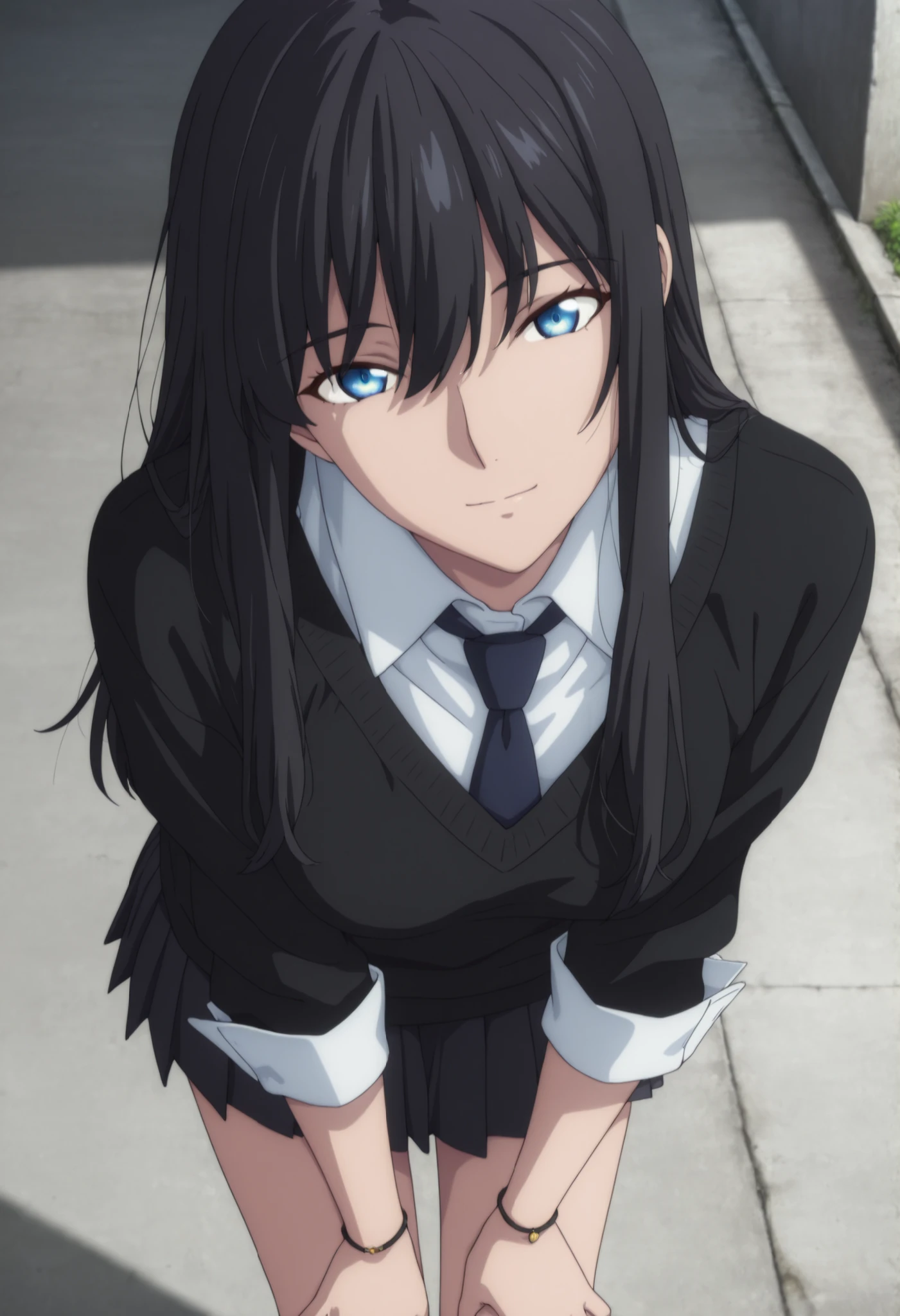 masterpiece, best quality, amazing quality, highres, absurdres, very aesthetic, high resolution,  ,ultra detailed, perfect details, ufotable style, 1girl, solo, outdoors, , (detailed background:1.2),from above,(close up face) , minami kano, semi long hair, , ((black hair)), long bangs, , blue eyes, (detailed beautiful eyes), bracelet, (three-quarter sleeves, sleeve cuffs, black sweater, white shirt, collared shirt ,dark blue stripe necktie),, dark gray skirt, pleated short skirt, , (small breasts), , (aged up:1.5),(), looking at viewer, (anime coloring:1.2), , pose, , head tilt, slim body, slender body, slim arms, long legs, pale skin, light smile, bent over, hands on knees,
