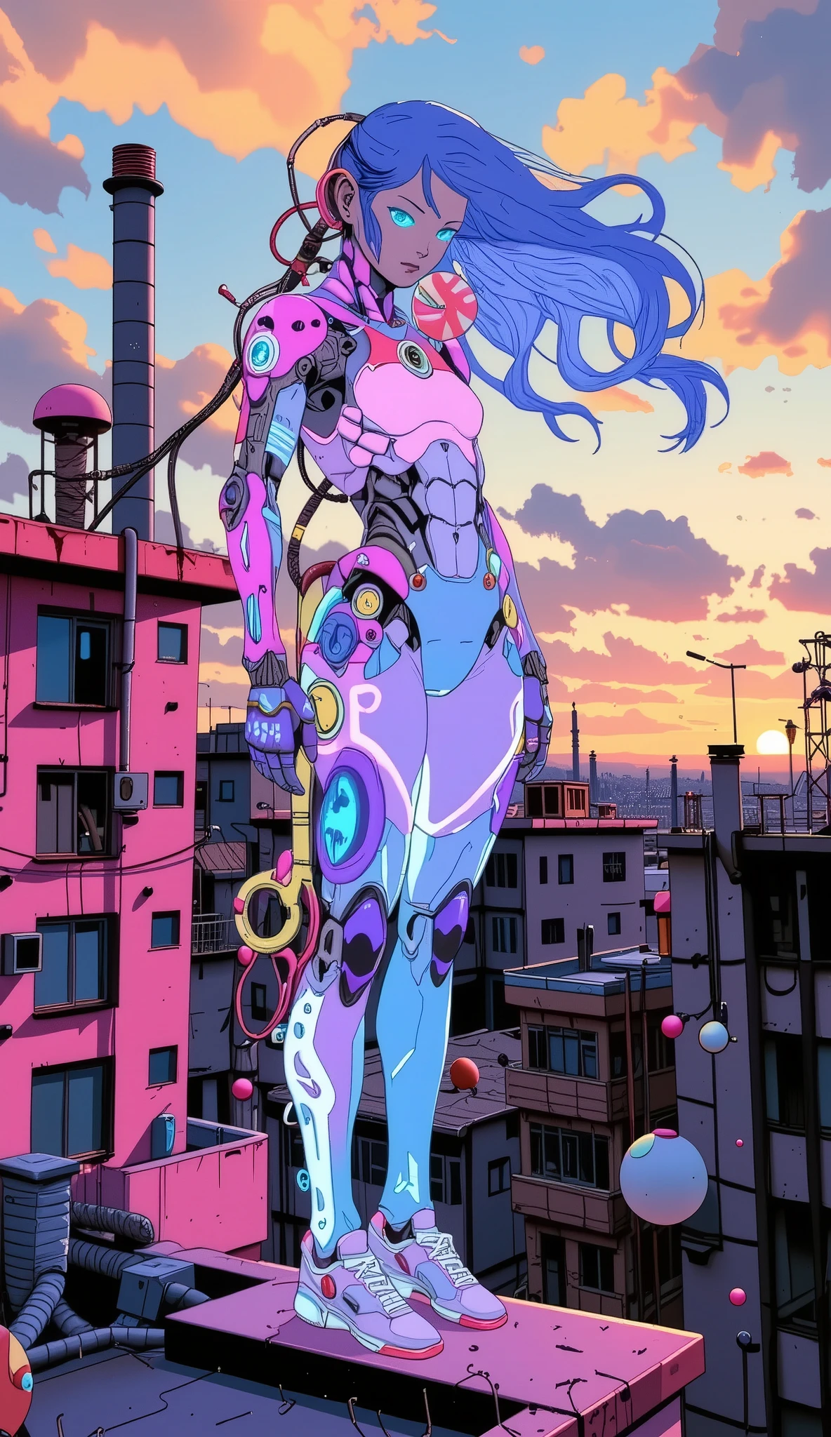 A sweet, weightless young cyborg girl with a translucent polymer body showing glowing biomechanical insides, stands bent on the roof of a tall building in a city similar to Tel Aviv, with pink and purple stripes, decorated in soft rounded shapes with large spheres resembling candies or balloons, creating a whimsical atmosphere of ren's games. A cyborg girl holds a lollipop in her mouth. Synthetic muscles pulsate with blue light, and her holographic eyes change colors. Neon hair flows like liquid electricity. A cybernetic spine with visible gears, dressed in minimalistic technical clothes. The sunset sky with white clouds is depicted in the background, giving depth to the composition in the style of an unknown artist. Sci-fi aesthetics, ultra-detailed lighting in the form of steam waves, RGB LAB palette, authors Vadim Kashin and Android Jones, 8K". -beginning at 9:16 —v 6.