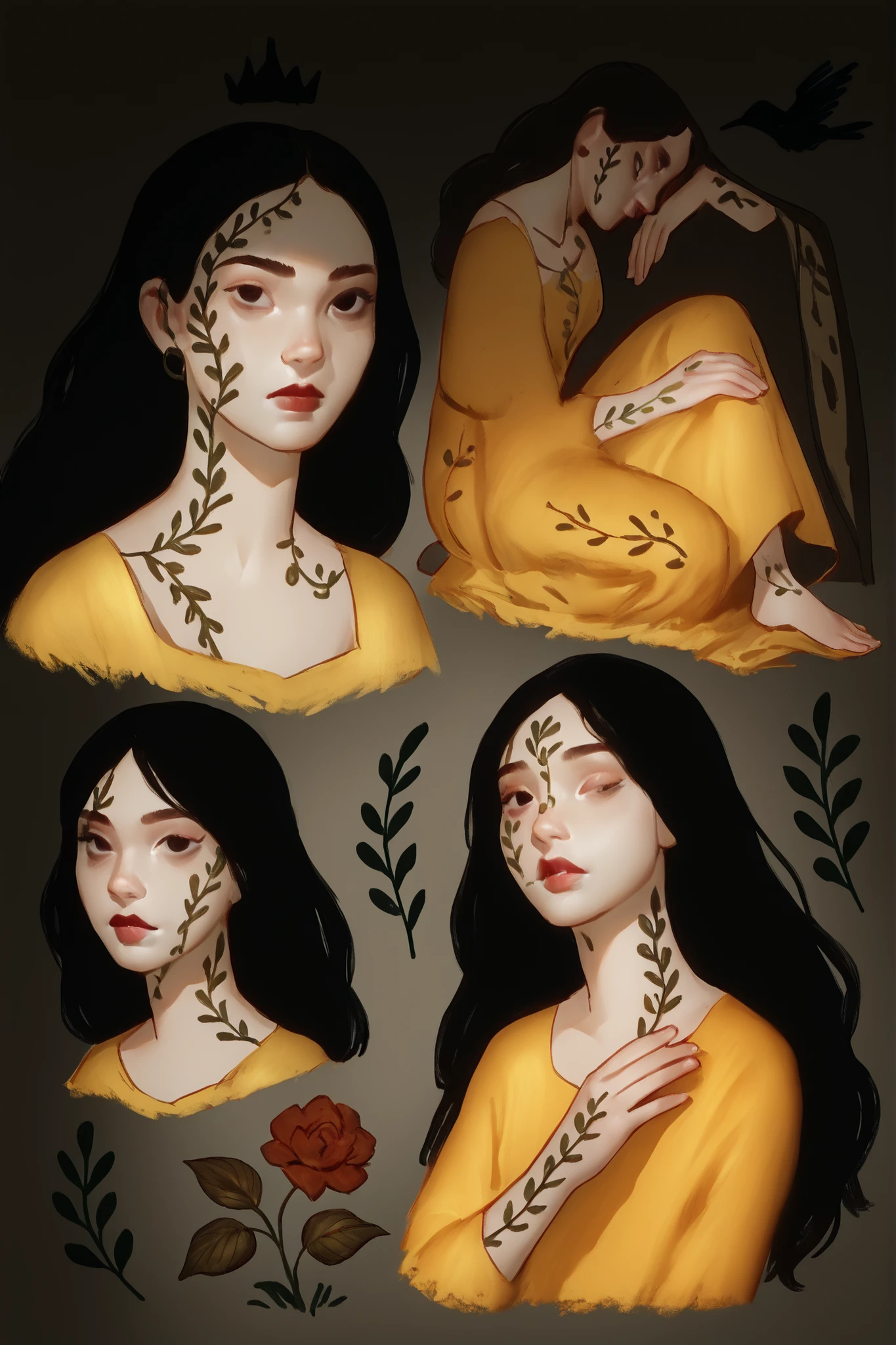 score_9, score_8_up, score_7_up, score_6_up, 1girl, petite, 18yo, bright warm colors: pale natural skin, black hair, black eyes, yellow dress, skinny, seductive, lower body, spotlight, gouache texture, detailed, painterly2