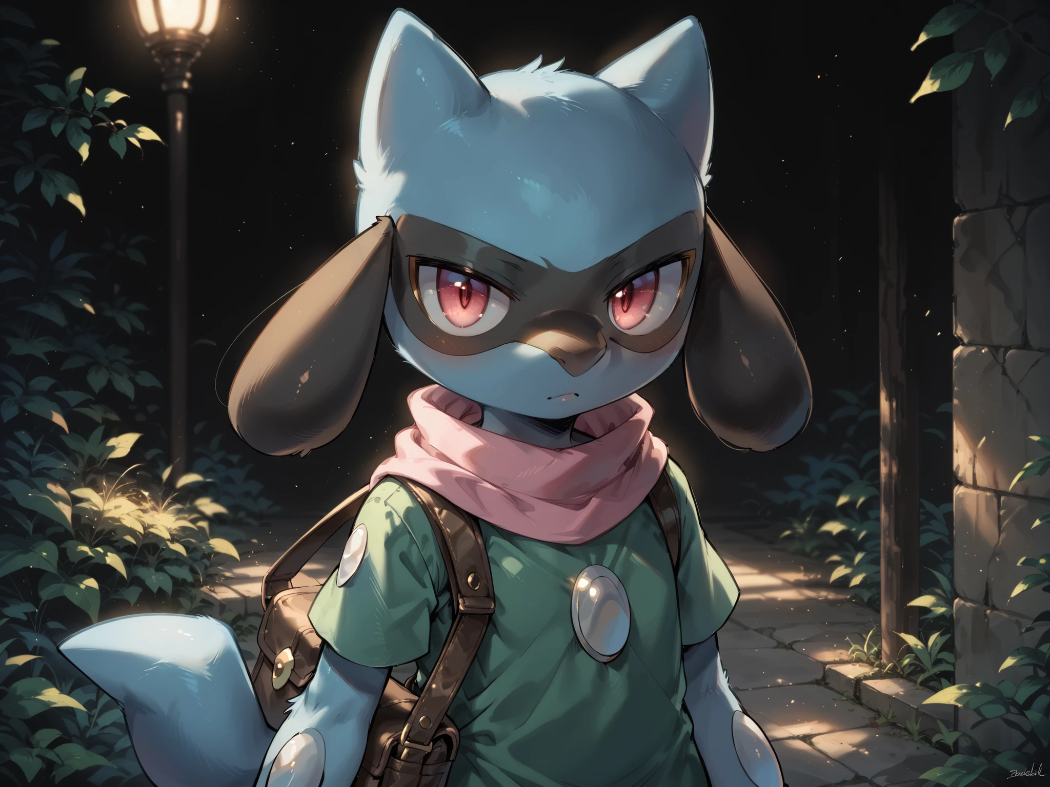 (((Furry))), ((anthro)), ((riolu)), solo, young, cub, (pink eyes), long pink scarf, (((dark green tunic))), messenger bag, ((bottomless)), highres, 16k, Natural soft light, Tyndall effect, Advanced film lighting, Unreal Engine5, Extremely realistic, A high resolution, perfect masterpiece, high quality, high resolution Very good figure, masterpiece, dynamic lighting, cinematic lighting, best quality
