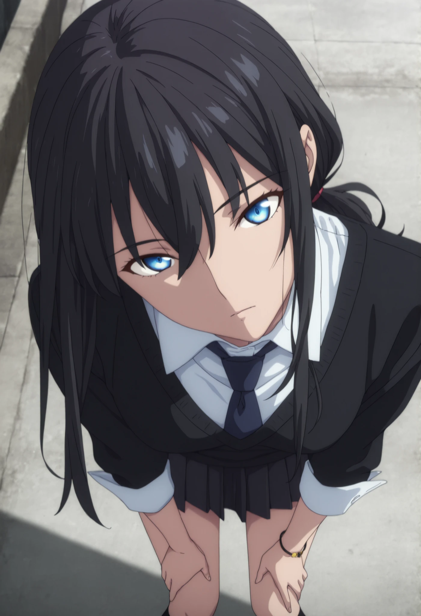 masterpiece, best quality, amazing quality, highres, absurdres, very aesthetic, high resolution, ,ultra detailed, perfect details, ufotable style, 1girl, solo, outdoors, , (detailed background:1.2),from above,(close up face) , minami kano, long hair, low ponytail, ((black hair)), long bangs, , blue eyes, (detailed beautiful eyes), bracelet, (three-quarter sleeves, sleeve cuffs, black sweater, white shirt, collared shirt ,dark blue stripe necktie),, dark gray skirt, pleated short skirt, , (small breasts), , (aged up:1.5),(), looking at viewer, (anime coloring:1.2), , pose, , head tilt, slim body, slender body, slim arms, long legs, pale skin, , bent over, hands on knees, black stockings,