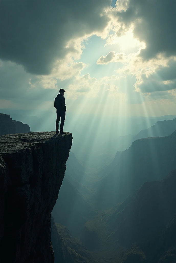 A person standing on the edge of a steep cliff, looking out at a vast ...