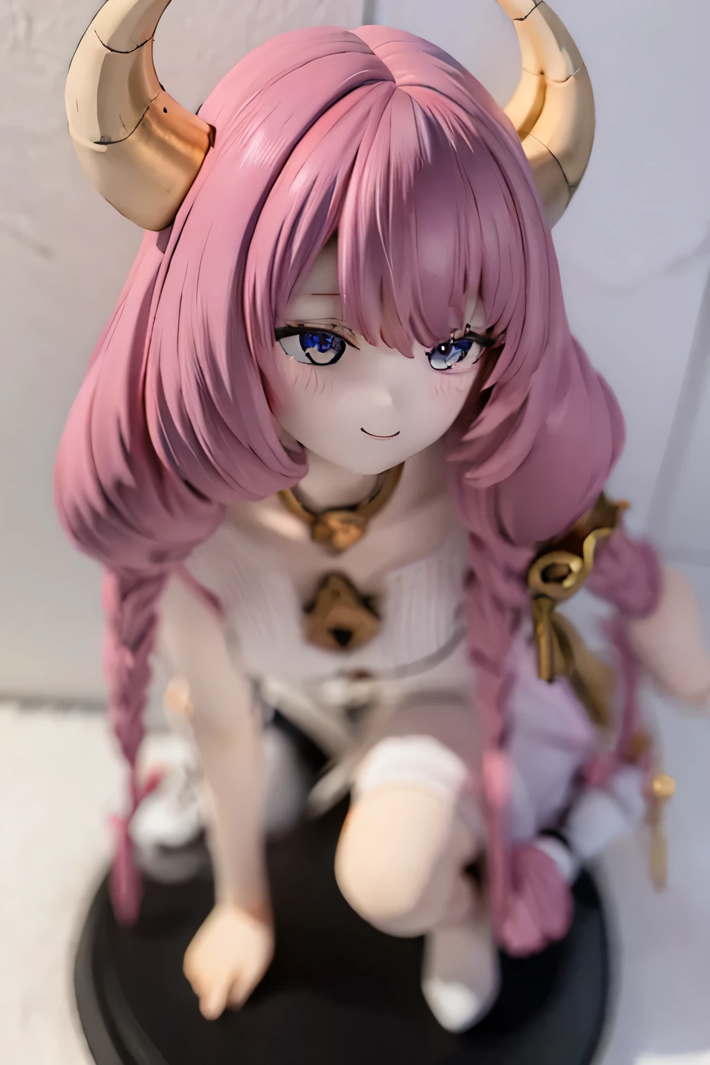 (Top Quality 4k,high resolution:1.2),very detailed,realistic,Bluish Tones, soft sentences,girls,Her Long,  flowing gray hair、In contrast to pale skin.., Smile from the waist up,  charming smile (((((contrast)))))full body　Magic Strike Back with   Libra(((((   Libraを持つ)))))Purple-red hair　   Libra　Horn