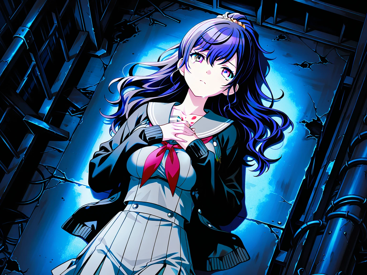 cica locked in a small room with no space, view from above, School uniform, , In the dark