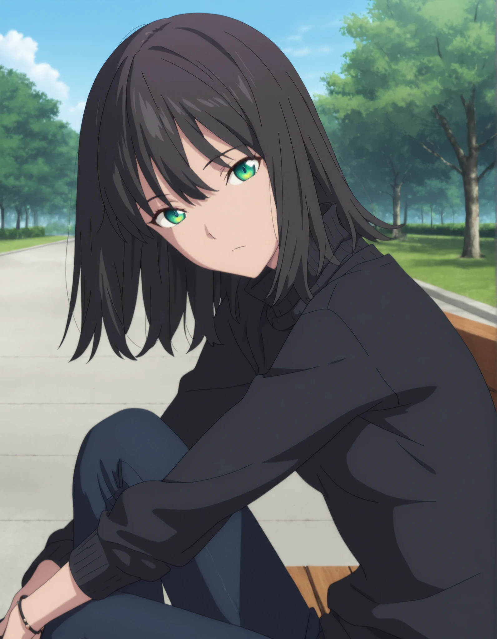 masterpiece, best quality, amazing quality, highres, absurdres, very aesthetic, high resolution,  ,ultra detailed, perfect details, ufotable style, 1girl, solo, outdoors, park, (detailed background:1.2), (close up face), from side, minami kano, medium hair, , ((black hair)), long bangs, , blue and green eyes, (detailed beautiful eyes), bracelet, (black sweater, turtleneck knit), , dark denim pants, , (small breasts), , (aged up:1.2),(), looking at viewer, (anime coloring:1.2), , pose, , head tilt, slim body, slender body, slim arms, long legs, light skin, sitting on bench, ,