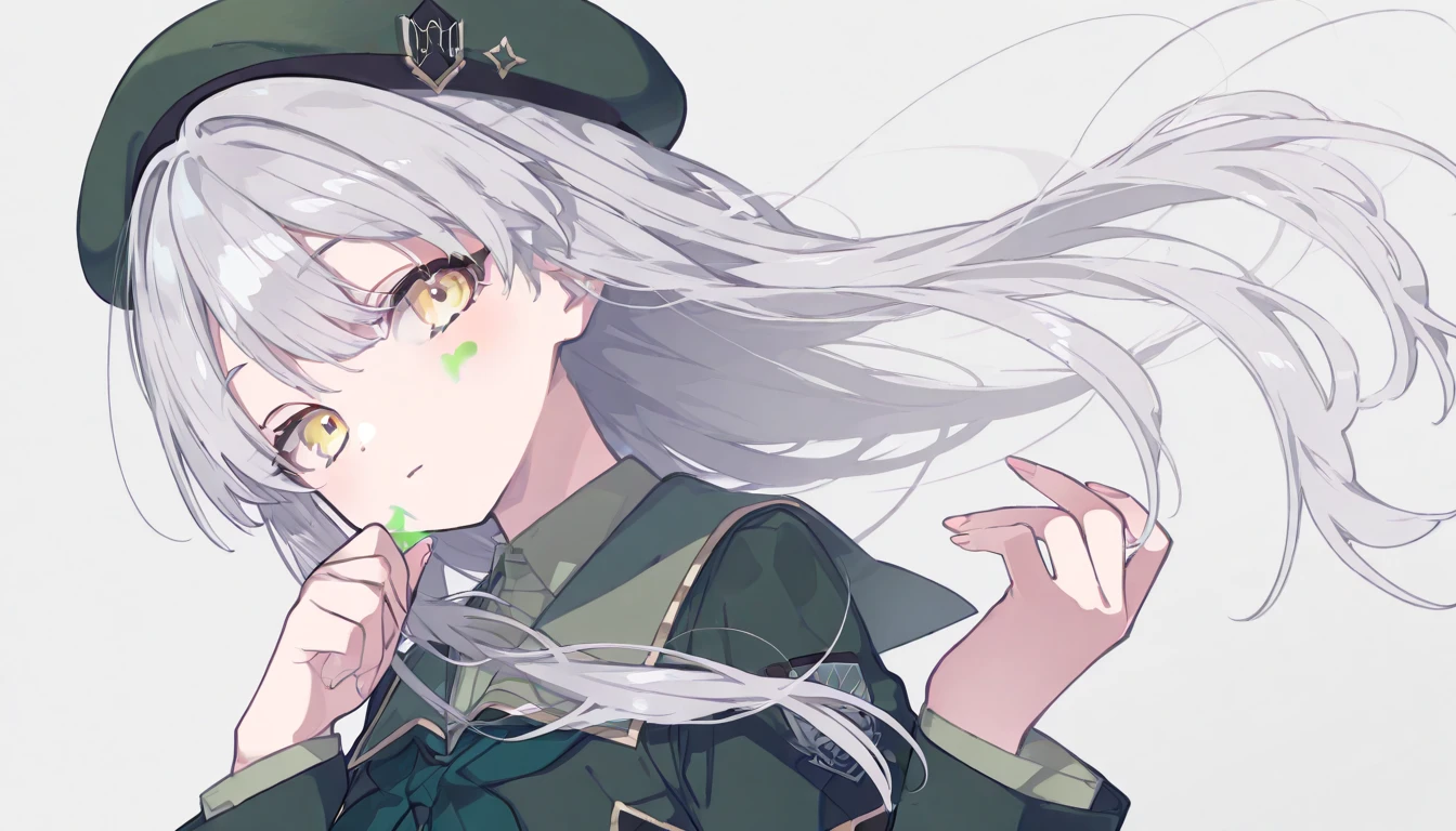 masterpiece,best quality,ultra detailed,8k,kawaii,cute,,8 years old,flat chest,silver hair,long hair,straight hair,hair between eyes,green eyes,smile,teeth,school swimsuit,black coat,double_v,Peace Sign,simple_background,Close-up,standing,