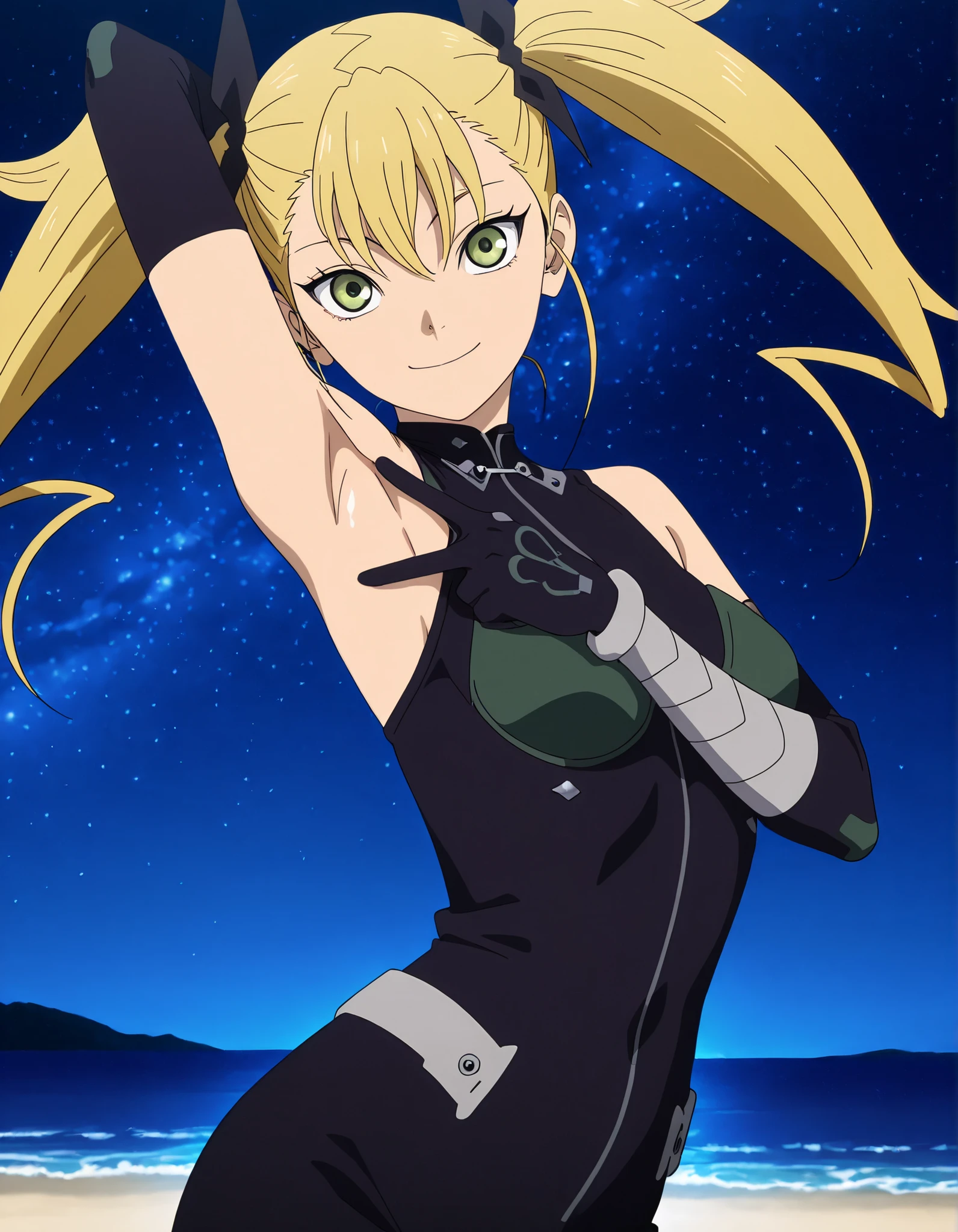 KikoruShinomiya, blonde hair, twintails, green eyes, black bodysuit, sleeveless, anime screencap, high quality, solo, upper body, (contrapposto), <lora:spread-armpit-illustriousxl-lora-nochekaiser:1>, spread armpit, armpits, armpit focus, v, closed mouth, night sky, beach, looking at viewer, smile, best quality,