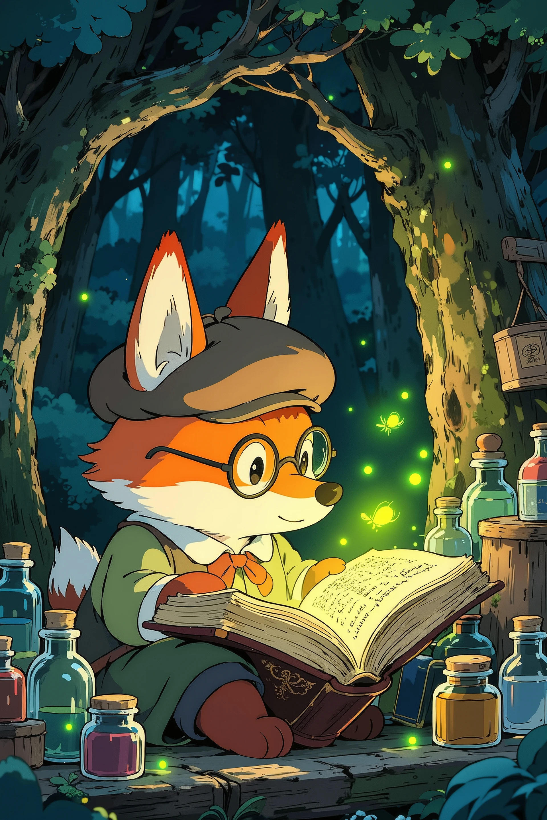 A fox wearing a beret and small glasses,sitting in a forest treehouse reading a huge old book with the light of fireflies,are filled with bottles and cans。Studio Ghibli Style,it warms and heals,soft colors,Delicate Brushstrokes,Fairy tale lights and shadows。