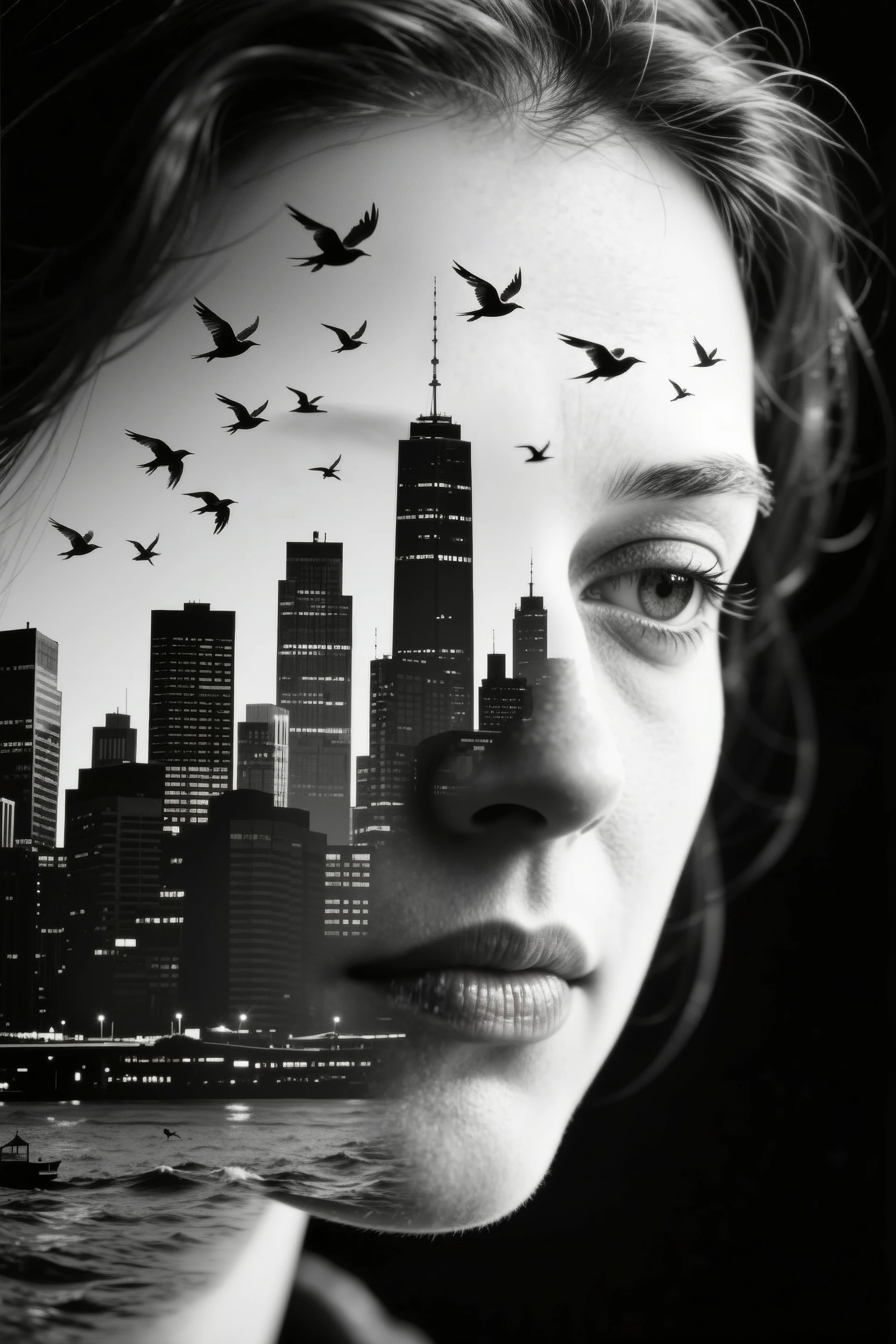 facial close-up of a contemplative woman,Her silhouette blends silhouettes of the city skyline with flying flocks of birds。Exquisite double exposure effects, High contrast black and white,emotional,Ansel Adams style tone。