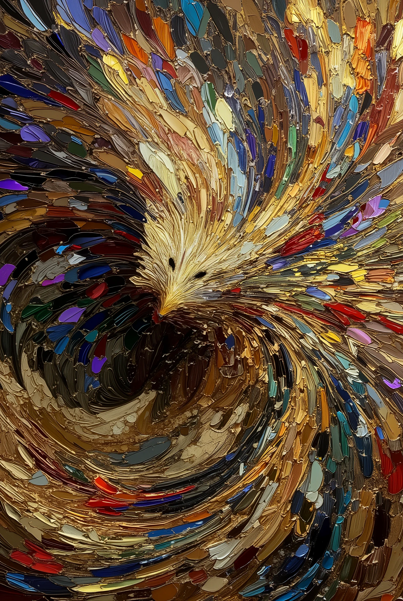 extremely aesthetic, mythological style, A mix of Art Nouveau and Impressionism, Impasto style, oil-painting, illustration, fantastic, anatomically correct, Off-center composition, 
 It is a symbol of a hawk soaring with its large, powerful wings spread. Each feather shines in various colors, emitting the light of overwhelming determination. The feathers shining in all directions play a decorative role. Mythical majesty. A fierce majesty. A gorgeousness beyond human comprehension. 
Powerful and emotional impasto technique, free and liberating brush strokes, emphasis on subtle gradations that give the impression of three-dimensionality, a mad obsession with gradations, material, artistic effect, hazelnuts, (palette knife, painting knife), pig hair, innovative, cutting edge, thick textured layers of paint, emotional intensity, tension, sculptural strokes, vibrant and vivid swirling colors that overflow from the canvas, A masterpiece that pays homage to Abraxas's great will. Madly aesthetic. 