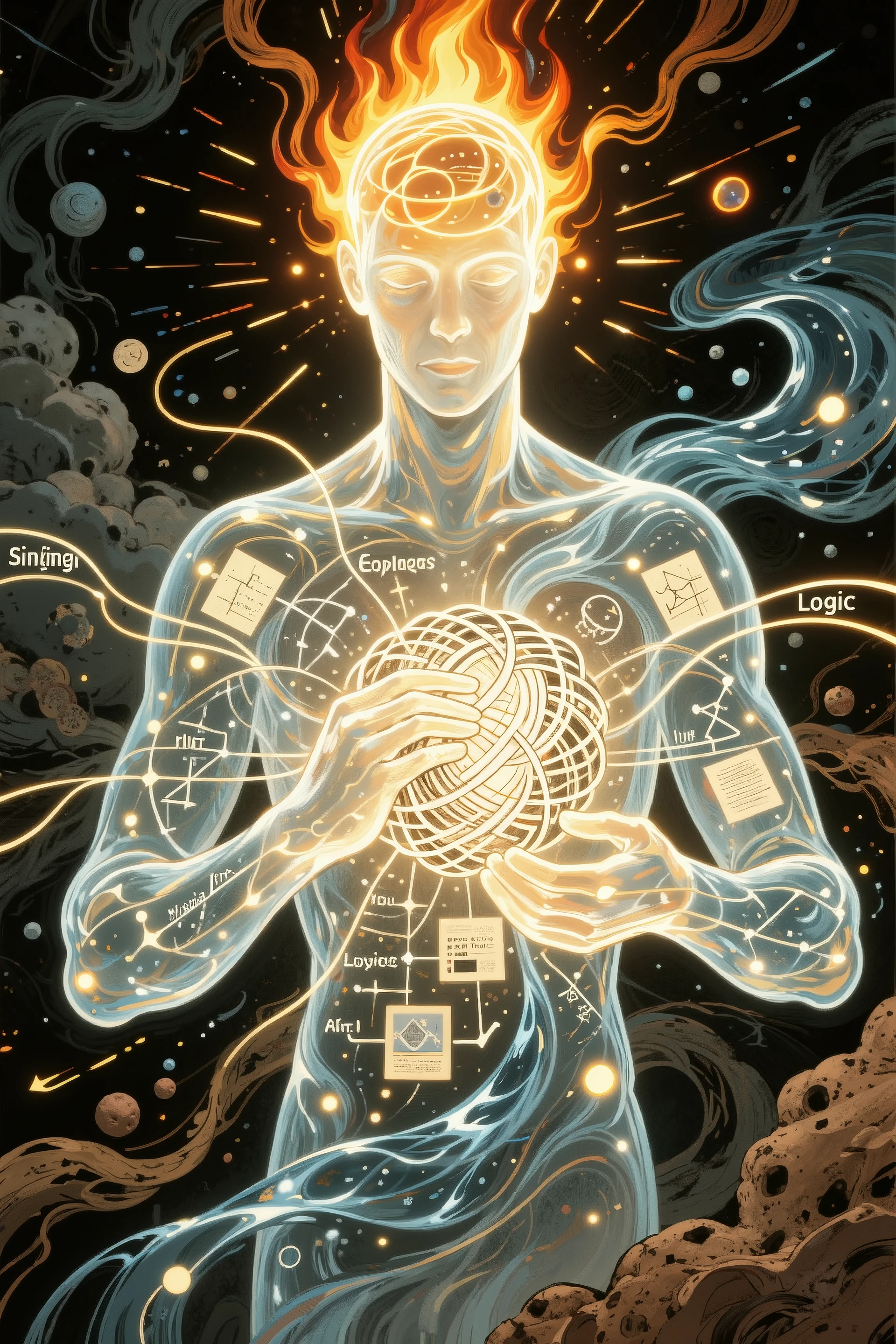 In classical elements(soil、gas、water、fire)Other than,depicts “consciousness” as the fifth element。In the picture,A translucent figure is composed of flowing thoughts and light of memory,It is weaving “meaning” and “logic” lines into a chaotic primitive universe with both hands。, the sacred scene of creation,, light and shadow emanates from the inside,style between William Blake and digital art。