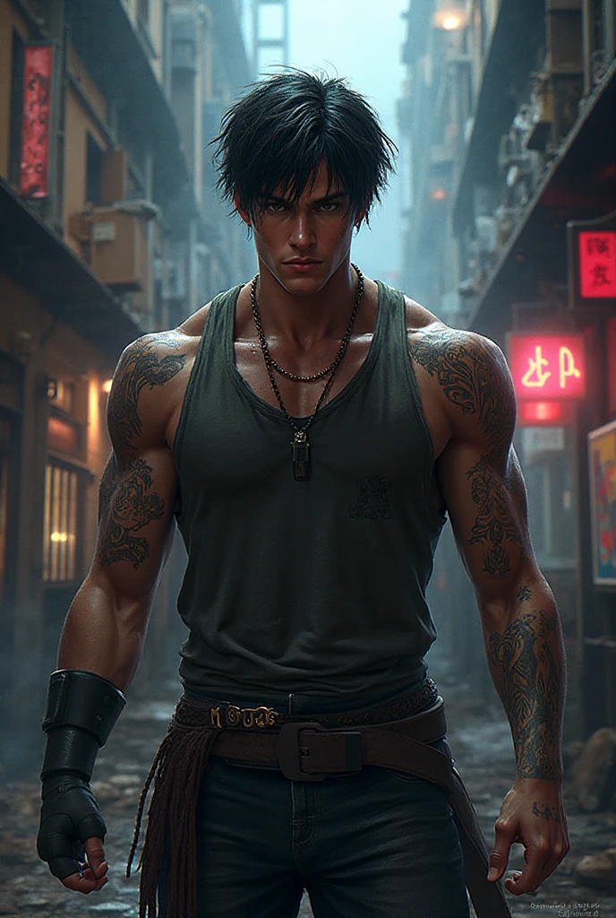 Ultra-realistic CG K ,((premium、8k、32k、Masterpiece、NFFSW:1.3)), (superfine illustration)、(super high resolution), (((adult body))), (((1 young man masculine features:1.5))), ((( modern short hair))), 25 year old cyberpunk gladiator with perfect body, Shoulder pads with metal spikes., Gladiadores in Brooklyn, (( short hair bob )), Torn rugby team t-shirt, wild urban style by Simon Bisley, short brown hair, sportswear, Metallic protection on the left arm with complex graphics....., Dark red with white stars and blue and white stripes.,(( sensual elegant pose:1.5)), armor, Full of spikes and rivets., poison tattoo (((Image from the knee up))), short brown hair, In the background、 There is a wall with an intricate design painted by Shepard Fairey.....