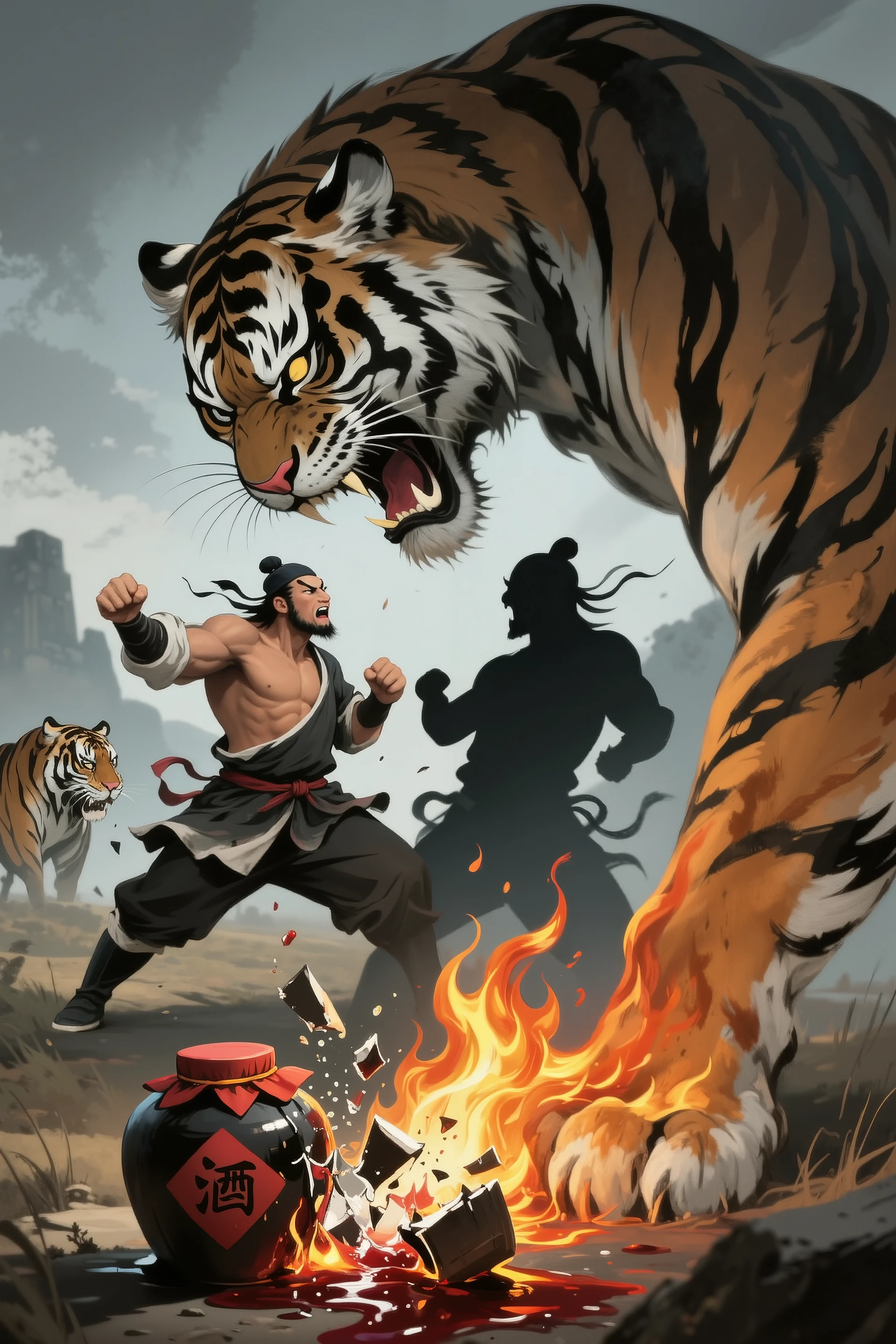 Surrealism，Wu Song's drunkenness in Jingyanggang is shown as being huge between him and himself、An inner tiger fight composed of shadows and tiger patterns。The real tiger is just a blurry shadow in the background。Wu Song's fist hits his own reflection。The wine table shatters，Liquor burns like a flame。Expressionist style full of psychological metaphors，Distorted light and shadow。
