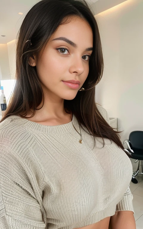 office, an eye contact from a woman ohwx, with bow and dark theme, crouched, Great cleavage