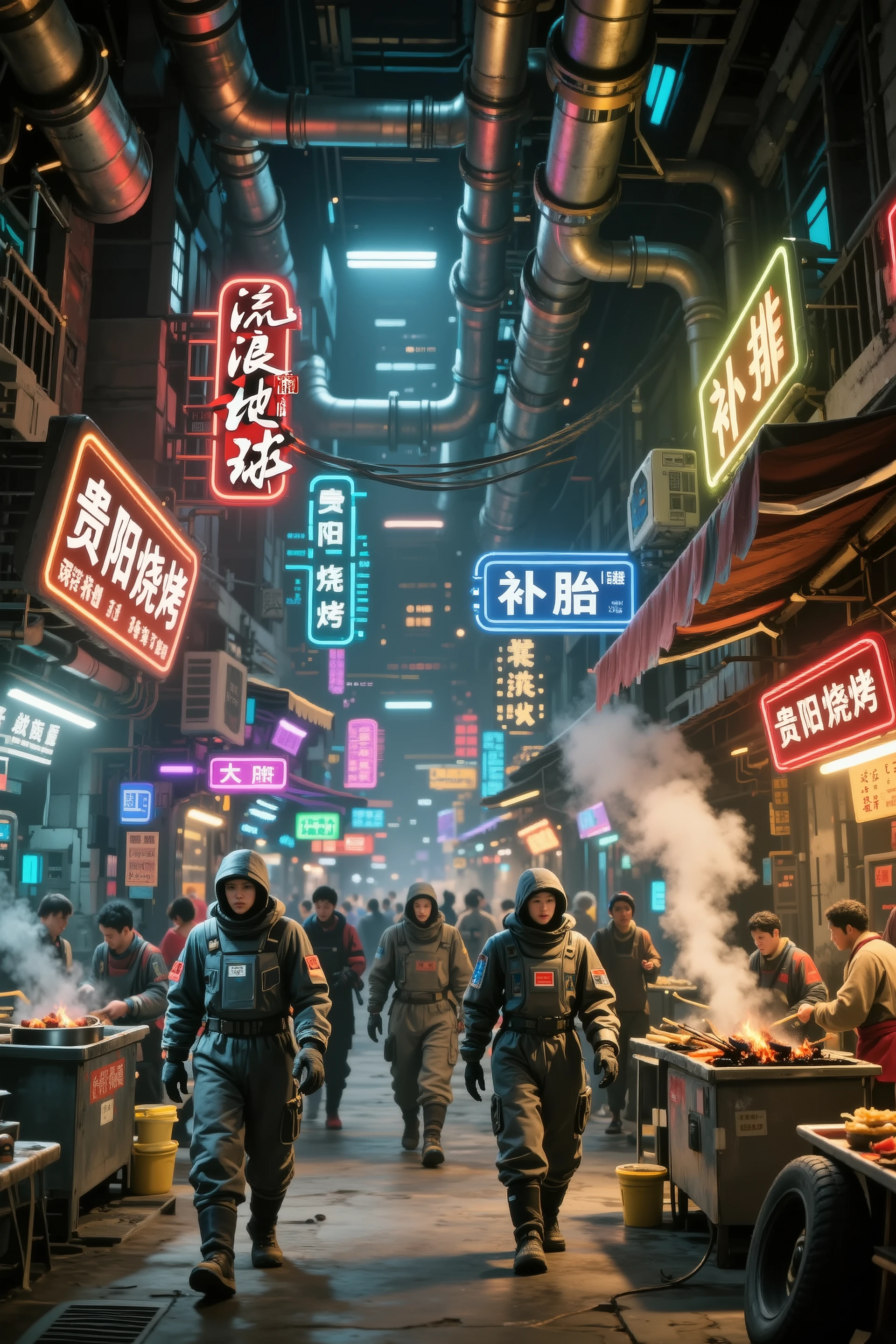 《Wandering Earth》The underground city scene,The narrow streets are lined with dense neon signs and Chinese food stalls,Steam pipes interlaced above their heads。People of different skin colors walk in heavy protective clothing。, and the scene is full of life,Very detailed,Cyberpunk mixed with Chinese elements,has Chinese signs such as “Guiyang Barbecue”、“Retire”。movie lighting,Strong sense of story。