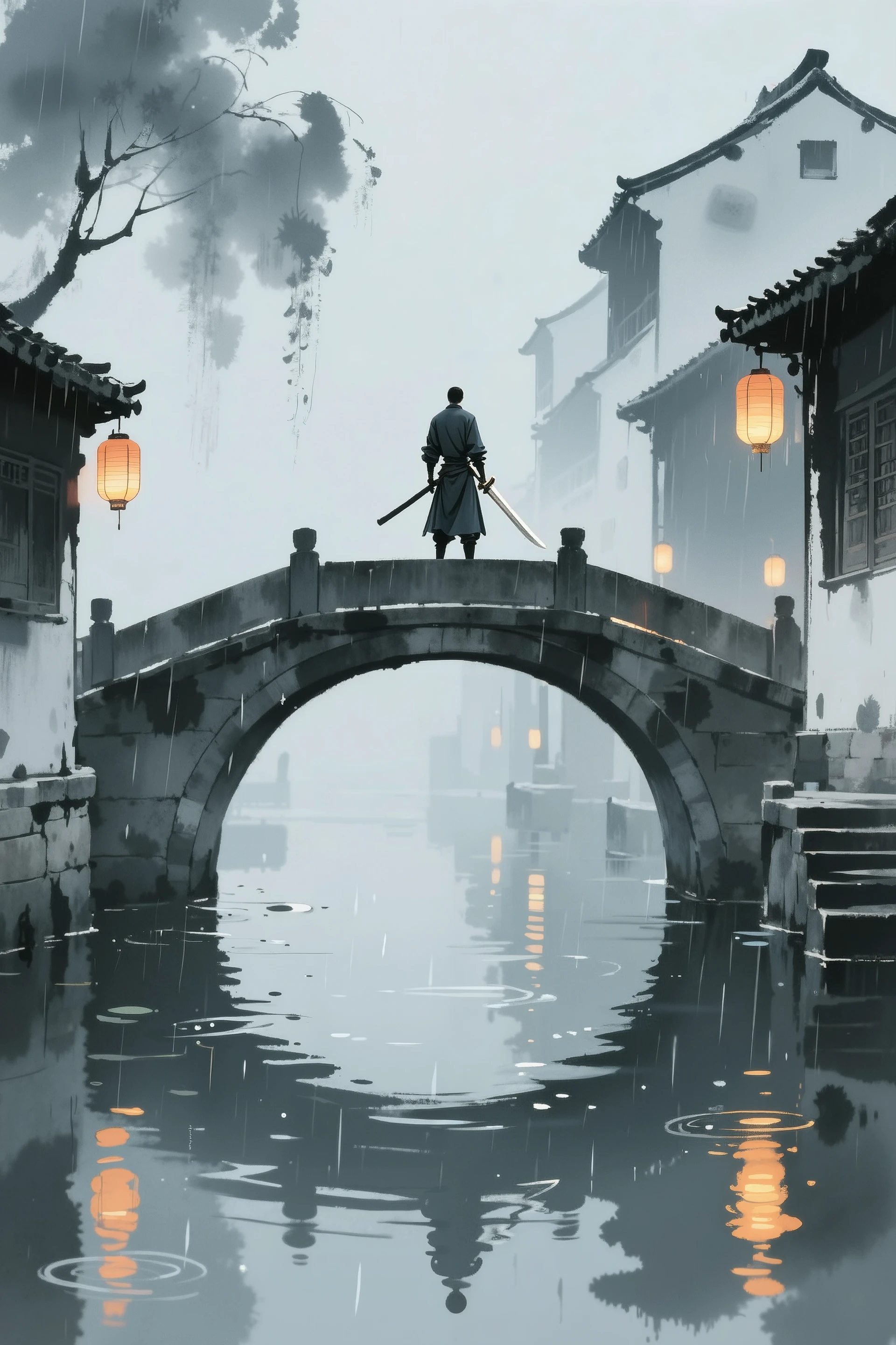 Back portrait of a lone knight,Standing on an arch bridge in Jiangnan Water Town like an ink painting,holding a long sword,Drizzle,The side of the water reflects the warm light of a lantern,The picture is quiet and full of Zen,Like《Crouching Tiger Hidden Dragon》 artistic conception,Chinese style freehand drawing,Bluish-gray tones,white art。
