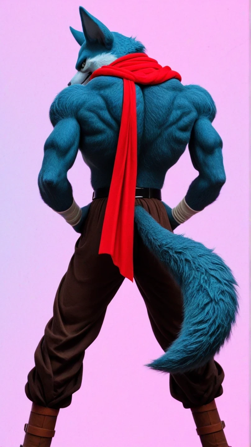 male werewolf ,   blue fur, light hair on the abdomen, wolf tail, Male Wolf,  back,Bergamo     (dragon ball super) , red scarf around the neck, belt, pose de pie de  backs, simple pastel rainbow background doesn't look at the viewer ,     blue fur, light hair on the abdomen, slim body, dark brown tight pants,    Dark brown boots    , shirtless , Alone, without humans , 
,  behind the spectator,  legs apart , muscular body , Bodybuilder Pose Motorcycle Clothing,  volteado de  backs