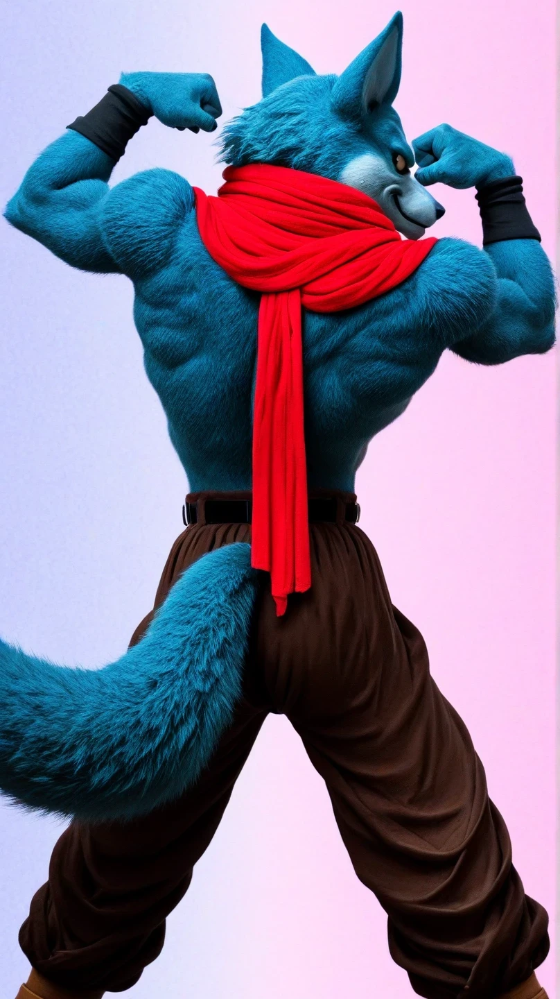 male werewolf , blue fur, light hair on the abdomen, wolf tail, Male Wolf, back,Bergamo (dragon ball super) , red scarf around the neck, belt, pose de pie de backs, simple pastel rainbow background doesn't look at the viewer , blue fur, light hair on the abdomen, slim body, dark brown tight pants, Dark brown boots , shirtless , Alone, without humans ,
, behind the spectator, legs apart , muscular body , Bodybuilder Pose Motorcycle Clothing, volteado de backs