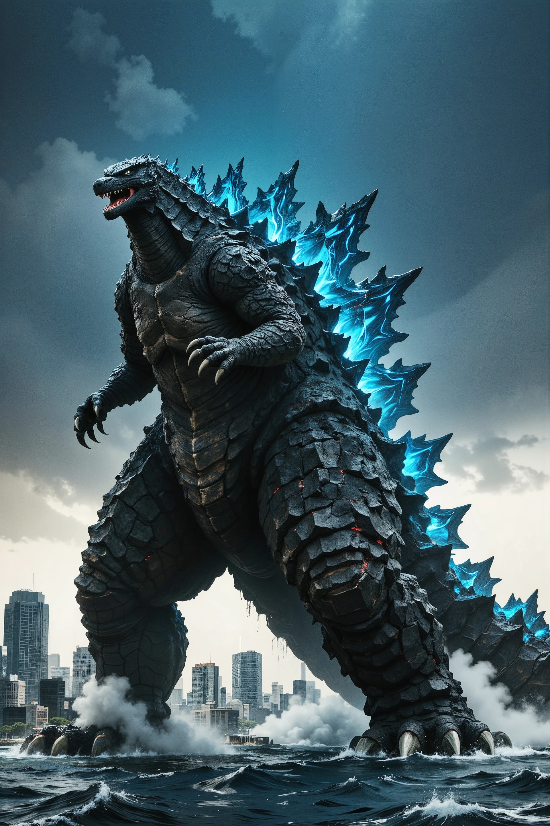 Envision the apocalyptic realm of a coastal megacity, where the legendary King of the Monsters, Godzilla, emerges from the depths to claim the land. This colossal creature possesses the formidable and iconic form of a prehistoric behemoth, while embodying the primal essence of a force of nature.

Godzilla has a powerful, upright structure, with immense muscular legs and a vast, rugged body. However, it is armored with jagged, charcoal-gray scales that resemble volcanic rock, and a massive row of sharp, dorsal plates runs down its spine, glowing with an intense, radioactive blue bioluminescence. Its scales are weathered and scarred from eons of existence, reflecting its ancient and destructive nature.

Rising from the churning ocean, its immense tail, powerful enough to sweep away skyscrapers, carves a devastating path through the water. This tail adds a terrifying magnitude to its silhouette, granting it an overwhelming presence of sheer, unstoppable power.

Additionally, billowing clouds of steam and mist erupt from its body as it breaks the surface, symbolizing its connection with both the aquatic depths and the terrestrial world it threatens to dominate. The water cascading from its form reveals its full, terrifying scale, adding to the awe and dread of this extraordinary being.

Imagine Godzilla taking its first earth-shattering step onto the city's shore, its colossal feet crushing the foundations of buildings, and its iconic roar echoing through the canyons of steel and glass. It radiates an aura of immense power, ancient fury, and majestic terror as it begins its rampage.

This epic image brings to life the legendary Godzilla, blending the form of a giant prehistoric creature with the destructive essence of a walking apocalypse. It embodies the harmonious fusion of biological life and radioactive power, possessing the physical might of a titan along with the mystical, unstoppable qualities of a god of destruction.