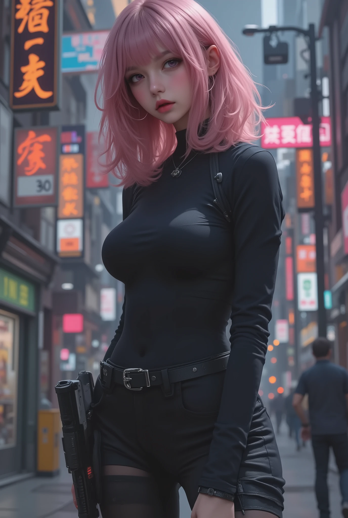 photo real、realistic skin texture、gun、Extremely Tight Cyberpunk Suit、Fluffy Shoulder-Length Hair、Dim Cyberpunk City、beautiful pink eyes、pink hair、thinウエスト、Beautiful Standing、Equipped on a Belt、thin、style is good、Shoulder-width is not wide、The waist is wide、My chest is slipping down medium size