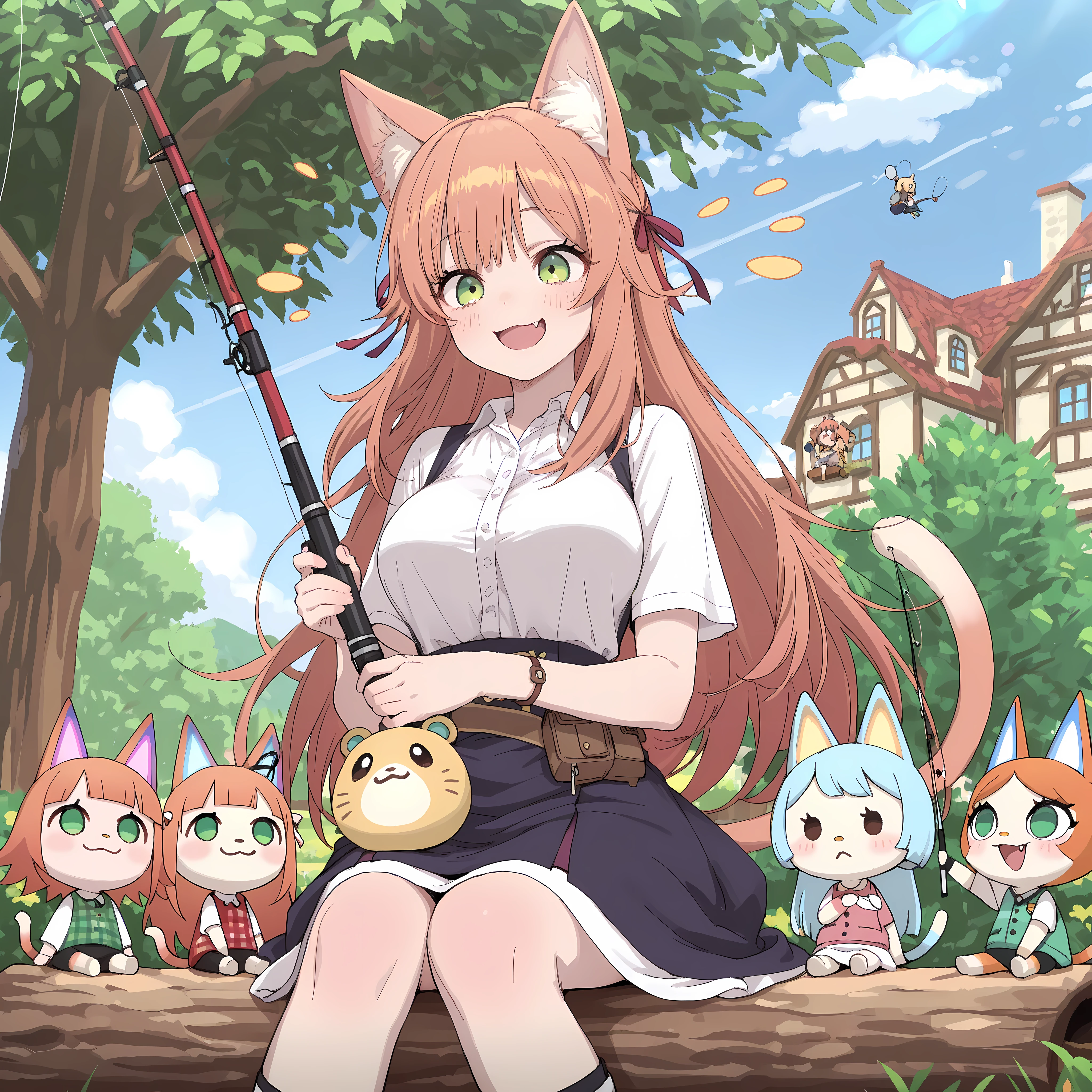 very aesthetic, best quality, amazing quality, masterpiece, absurdres, ultra detailed, High Quality, High Resolution, High Definition, JK Style, JK, 1girl, kanade-default, green eyes, orange hair, long hair, animal ears, hair ribbon, fang, a cat tail, detailed eyes, high detail eyes, **in the art style of Animal Crossing, chibi, rounded features, sitting on a log bench in a cozy, cute village, surrounded by friendly animal villagers, holding a fishing rod, bright, sunny day, wholesome and adorable atmosphere.**
