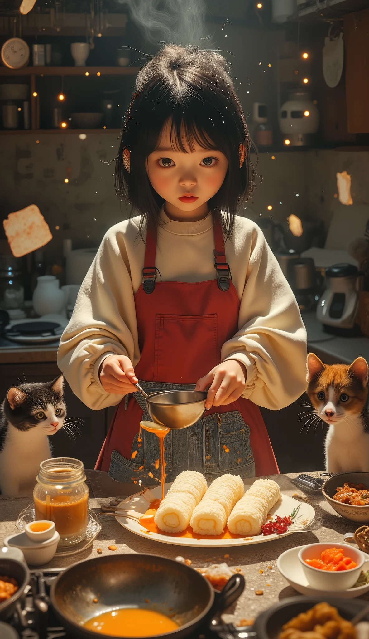 (Masterpiece, Best Quality: 1.2), jiyeon_oc:1.2,
A single dramatic photo, in a semi-realistic animation style. In a dark, small kitchen with dramatic spotlighting, using a dynamic composition with a tilted Dutch angle. A playful and expressive short black-haired girl, wearing a cream oversized sweatshirt, a red miniskirt, and a blue denim apron, has suddenly stopped cooking. She holds a ladle in one hand and chopsticks in the other, making an exaggerated surprised expression as if fortune-telling by looking at a plate with five long tteokbokki rice cakes. Four rice cakes are white, and one is flowing with a glowing, magical gochujang sauce, emitting a mystical light. On both sides of the table, a cat and a dog, interrupted while eating, glance at the scene with surprised expressions. A piece of kimbap floats in the air in slow motion, sauce splatters from the frying pan, and the table is crowded with a gas burner, various Korean foods like sundae, kimbap, doenjang-jjigae, kimchi, and numerous kitchen utensils. The screen is filled with magical lights that sparkle like fireflies.