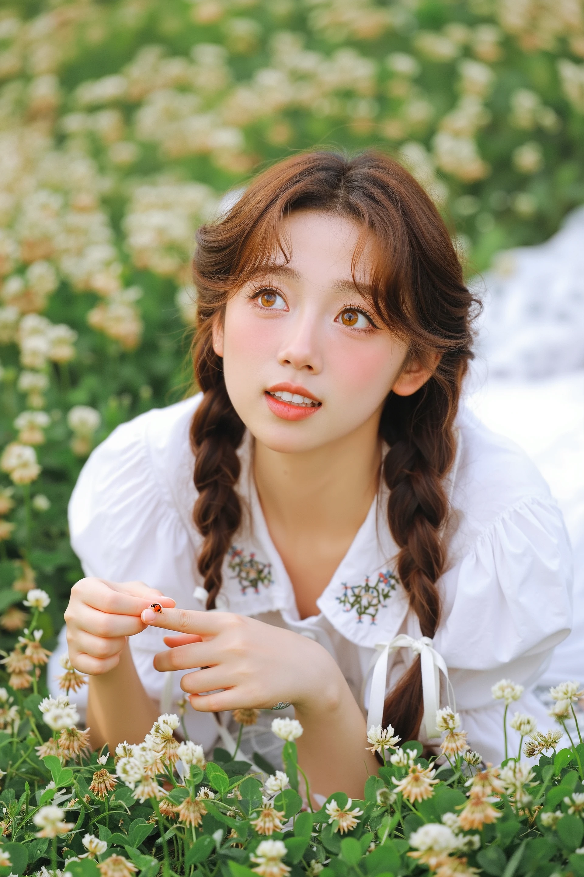 This is a high-resolution photograph of the most captivatingly lovely Asian woman, a picture of innocent allure, lying on her stomach in a field of softest white clover and wildflowers. Her skin is dewy and peaches-and-cream perfect, with a natural flush of youth on her cheeks. Her large, innocent eyes are the color of warm honey, gazing upwards with a hint of playful mischief. Her hair, the color of rich dark honey itself, is styled in two loose, soft braids tied with simple white ribbons. She wears a vintage-inspired, puff-sleeved white cotton dress with delicate embroidery on the collar, the fabric softly rumpled around her. She is propped up on her elbows, gently holding a ladybug on her fingertip. The soft-focus background and the dreamy, diffused light create an atmosphere of pure, unadulterated, and nostalgic sweetness.