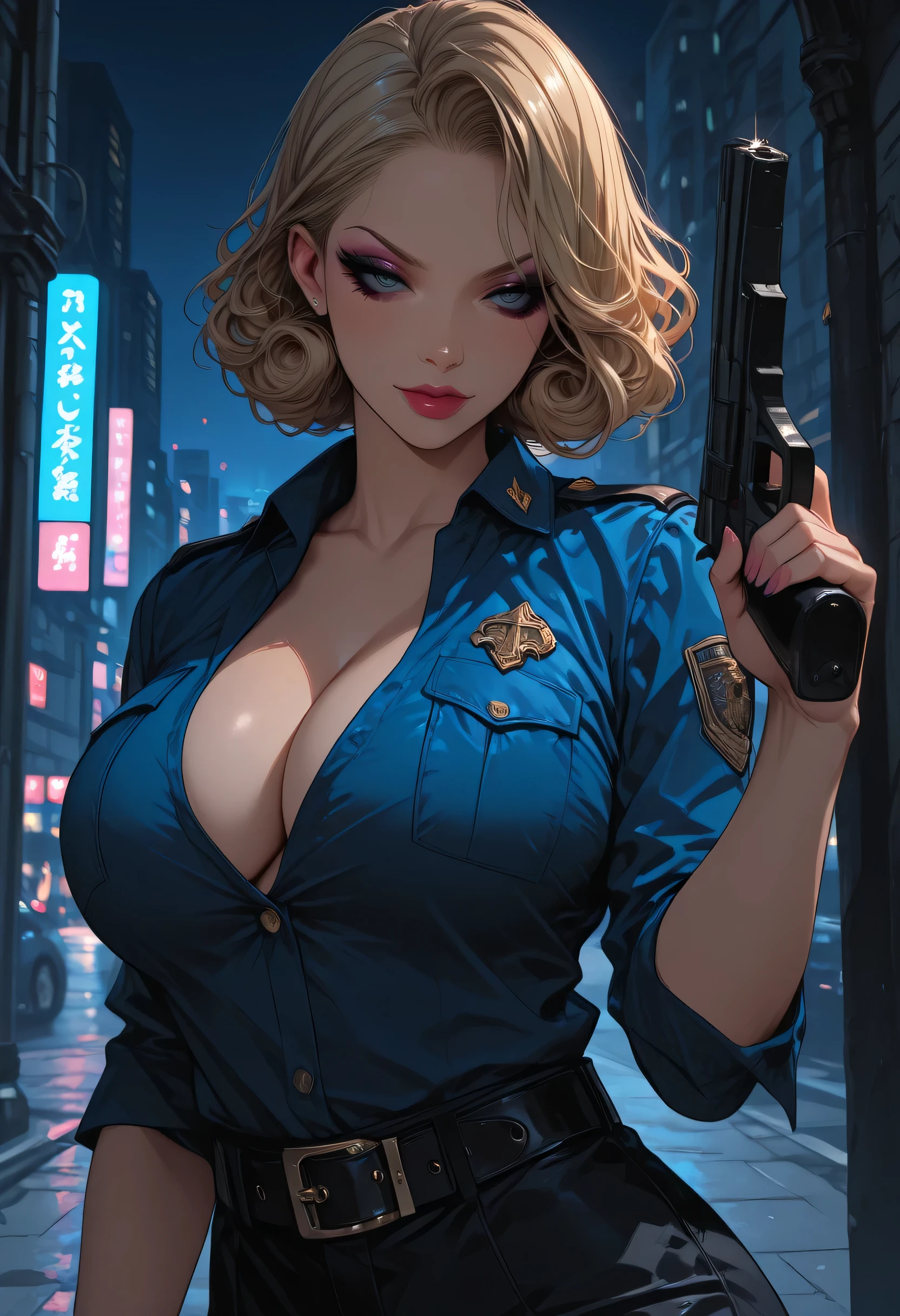 masterpiece, (solo), MILF, bright blue eyes, makeup, eyeshadow, eyeliner, blonde hair, short curly hair, sexy upswept hair, (large breasts), blue police uniform, black pants, belt, cleavage, night, city streets, holding gun