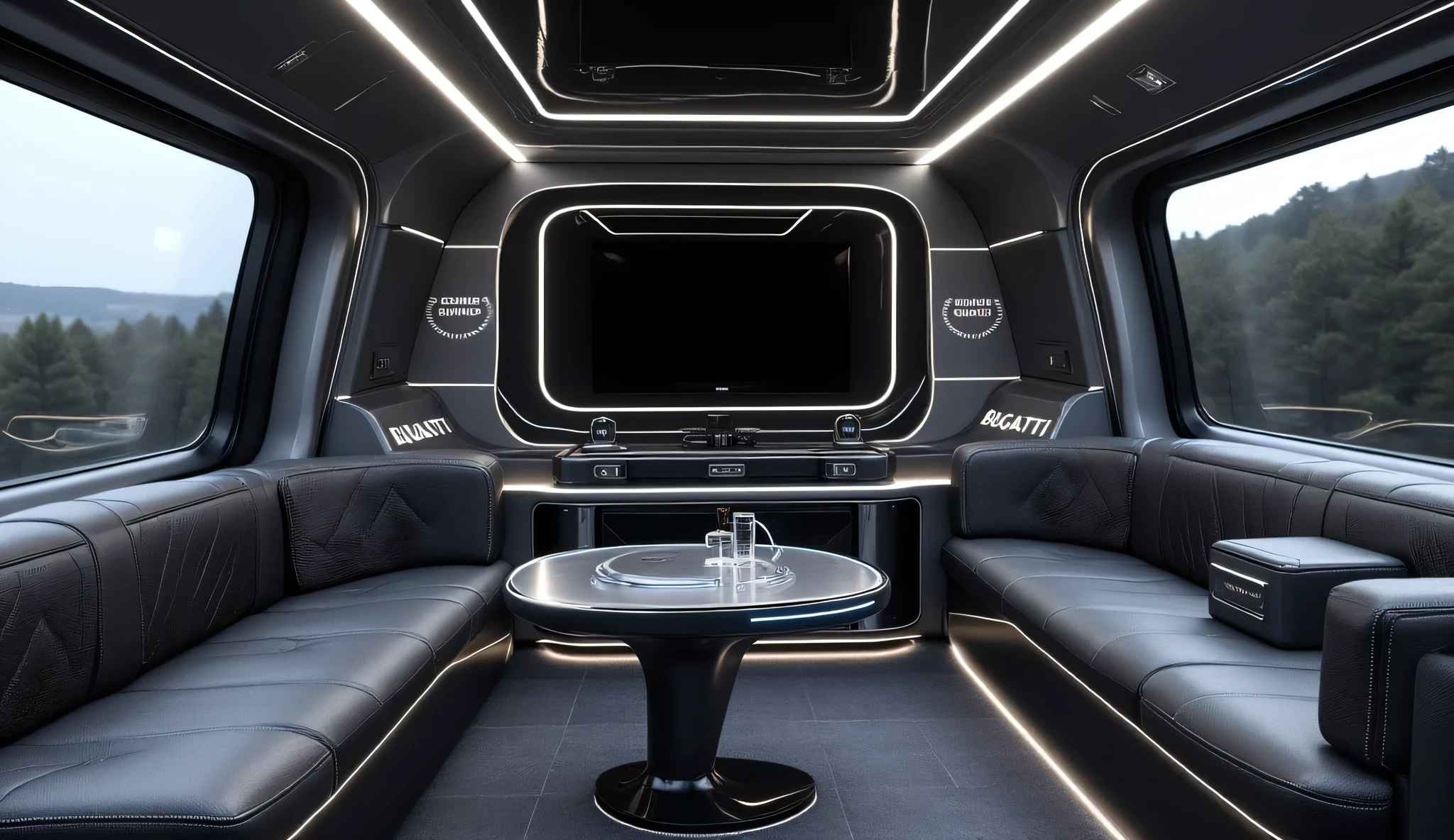 DE_style, A compact futuristic lounge inside the Bugatti motorhome, designed in a sleek silver-black theme to perfectly match the exterior. The seating is made of premium black leather with signature Bugatti diamond stitching and chrome trim details, giving a sporty yet luxurious feel. The walls and ceiling have smooth metallic panels with integrated soft ambient LED strip lighting. Sleek metallic coffee table in the center with built-in wireless charging pads, alongside a holographic control panel projected above the armrest for adjusting lighting and climate. A small retractable smart-screen is embedded seamlessly into the side wall for entertainment, while minimalist storage compartments are hidden in the design to keep the interior clean and modern. Large tinted showroom windows surround the lounge, giving an elegant yet compact look. The bold “BUGATTI” logo is subtly engraved on one interior wall, reinforcing the premium brand identity.