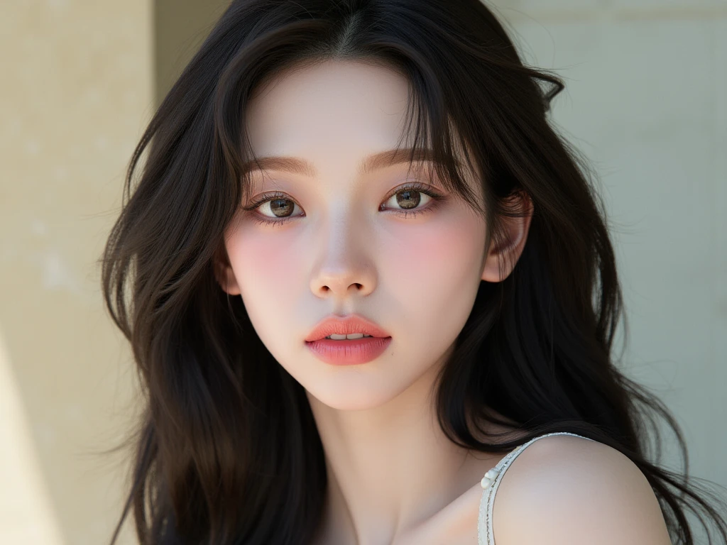 un primer plano de una mujer con cabello largo y vestido blanco, hermosa joven coreana, hermosa mujer surcoreana, hermosa joven coreana, joven y adorable rostro coreano, maquillaje coreano popular, maquillaje popular de corea del sur, jennie rosa , Jaeyeon Nam, muchacha coreana, Minatozaki Sana, Sana, hermoso rostro estetico, heonhwa choe, Face Korean, Korean Woman, Korean Fem, K-pop group, K-pop Twice, Twice, Sana, Sana Face, Sana Twice, Minatozaki sana, Sana k-pop