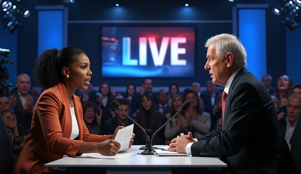 A realistic, cinematic scene set inside a bright, modern TV studio with ...