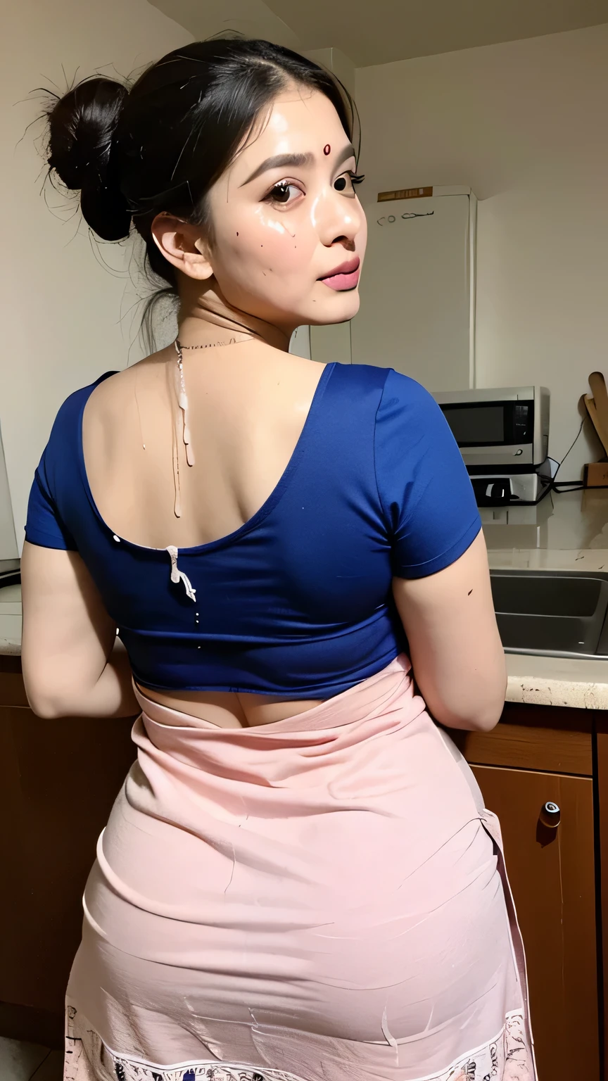 A mature Indian housewife, very cute face, face of a beautiful Indian housewife, standing inside kitchen, her back on kitchen table, desi household, proper lighting on face, dynamic lighting, gradient background. Super curvy figure, well-defined curves, cleavage slightly visible, with beautiful breasts, mature breasts, gigantic breasts, perfectly shaped real breasts. Photorealistic, hyperrealistic, ultra-realistic real-life woman, ultra 4k quality, 8k, high resolution, ultra-detailed, Hd image quality, 4k image. Detailed face, cutest face, most beautiful, pretty and delicately gorgeous, beautiful detailed eyes, perfect shaped eyes, long eyelashes, detailed lips, perfect closed lips, proper upper lips, symmetrical curvy lips, extremely detailed skin, realistic skin texture, shiny wet skin, extreme sweat all over skin, detailed sweaty skin, sweating heavily, sweat on belly, (soaked in sweat :1.2). Her hands are perfectly shaped, perfect fingers, perfectly shaped head features. Cinematic lighting, dramatic lighting, bright light, Indian bridal makeup, beautiful makeup face, heavy face makeup, eyeliner kajal, eye makeup, red bindi on forehead, curly hairbun, hairstyle, light jewelry. Wearing a plain sleeveless kurti, simple cotton kurti typical of Indian housewives’ home wear, lightweight cotton fabric, minimal design with subtle embroidery, small floral embroidery near neckline, sleeveless kurti with minimalistic straight cut, front buttons on chest, soft pink dupatta kurta plain borders, kurti colour palette: soft pink, muted red, paired with fitted blue jeans, comfortable loose fit kurti, perfect kurti covering body properly, show half body, realistic body. Huge round breasts, chubby figure. Thick cum stains on chest, cum covered cleavage, cumshot, cum facial