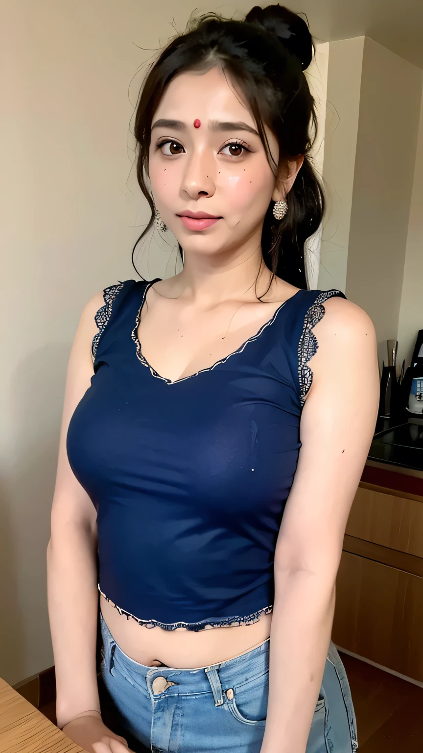 A mature Indian housewife, very cute face, face of a beautiful Indian housewife, standing inside kitchen, her back on kitchen table, thick round butt, desi household, proper lighting on face, dynamic lighting, gradient background. Super curvy figure, well-defined curves, cleavage slightly visible, with beautiful breasts, mature breasts, gigantic breasts, perfectly shaped real breasts. Photorealistic, hyperrealistic, ultra-realistic real-life woman, ultra 4k quality, 8k, high resolution, ultra-detailed, Hd image quality, 4k image. Detailed face, cutest face, most beautiful, pretty and delicately gorgeous, beautiful detailed eyes, perfect shaped eyes, long eyelashes, detailed lips, perfect closed lips, proper upper lips, symmetrical curvy lips, extremely detailed skin, realistic skin texture, shiny wet skin, extreme sweat all over skin, detailed sweaty skin, sweating heavily, sweat on belly, (soaked in sweat :1.2). Her hands are perfectly shaped, perfect fingers, perfectly shaped head features. Cinematic lighting, dramatic lighting, bright light, Indian bridal makeup, beautiful makeup face, heavy face makeup, eyeliner kajal, eye makeup, red bindi on forehead, curly hairbun, hairstyle, light jewelry. Wearing a plain sleeveless kurti, simple cotton kurti typical of Indian housewives’ home wear, lightweight cotton fabric, minimal design with subtle embroidery, small floral embroidery near neckline, sleeveless kurti with minimalistic straight cut, front buttons on chest, soft pink dupatta kurta plain borders, kurti colour palette: soft pink, muted red, paired with fitted blue jeans, comfortable loose fit kurti, perfect kurti covering body properly, show half body, realistic body. Huge round breasts, chubby figure. Thick cum stains on chest, cum covered cleavage, cumshot, cum facial