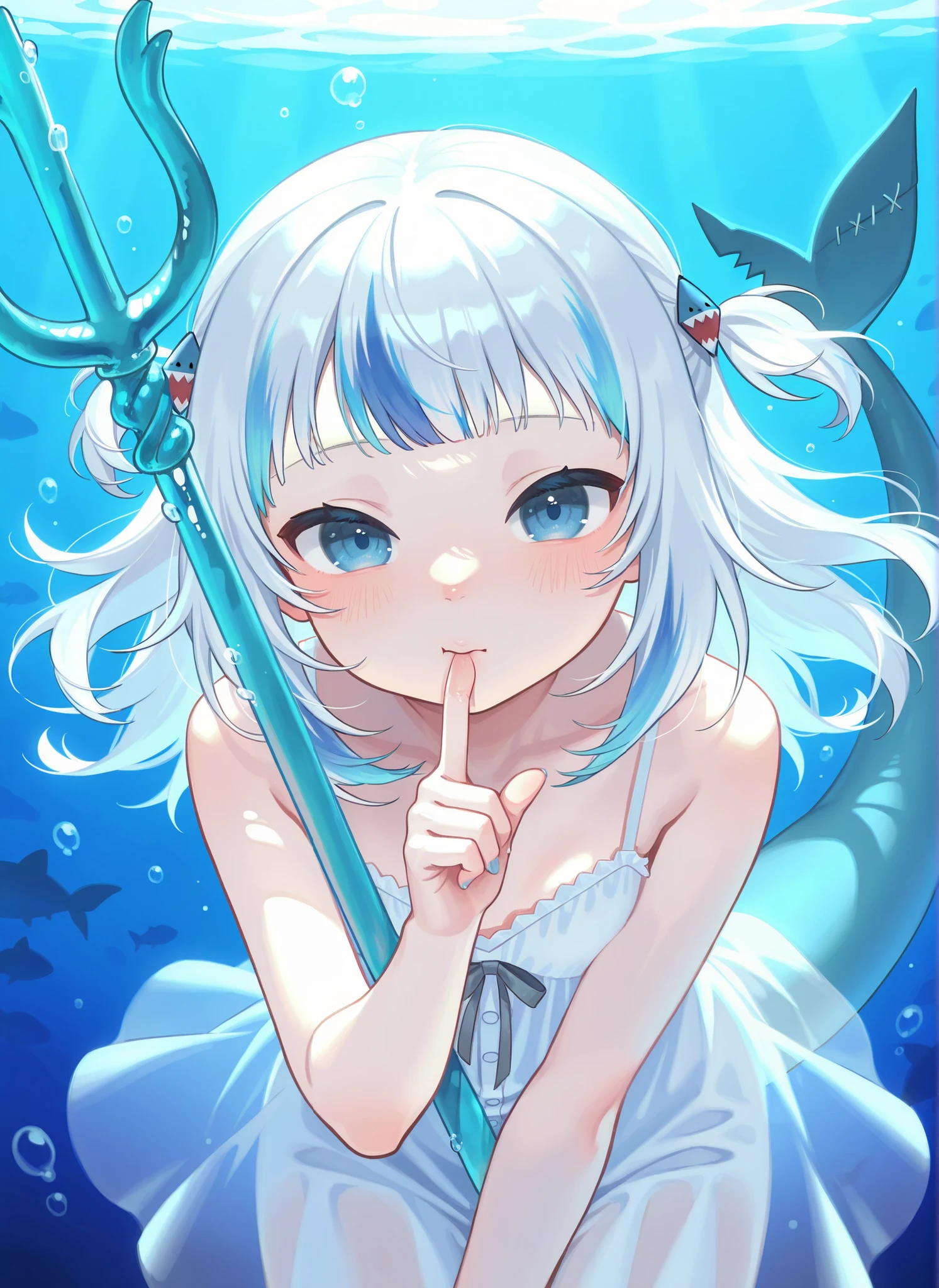 watercolor style, pastel colors, front viewer, close-up upper body, 16k resolution, (super detail), (best quality), solo, Gawr Gura, detailed mouth, underwater, ((sucking index finger)), translucent Sheer nightgown, perfect short small tail, blush, leaning forward, 2hands, between legs visible, firmly grabbing trident,